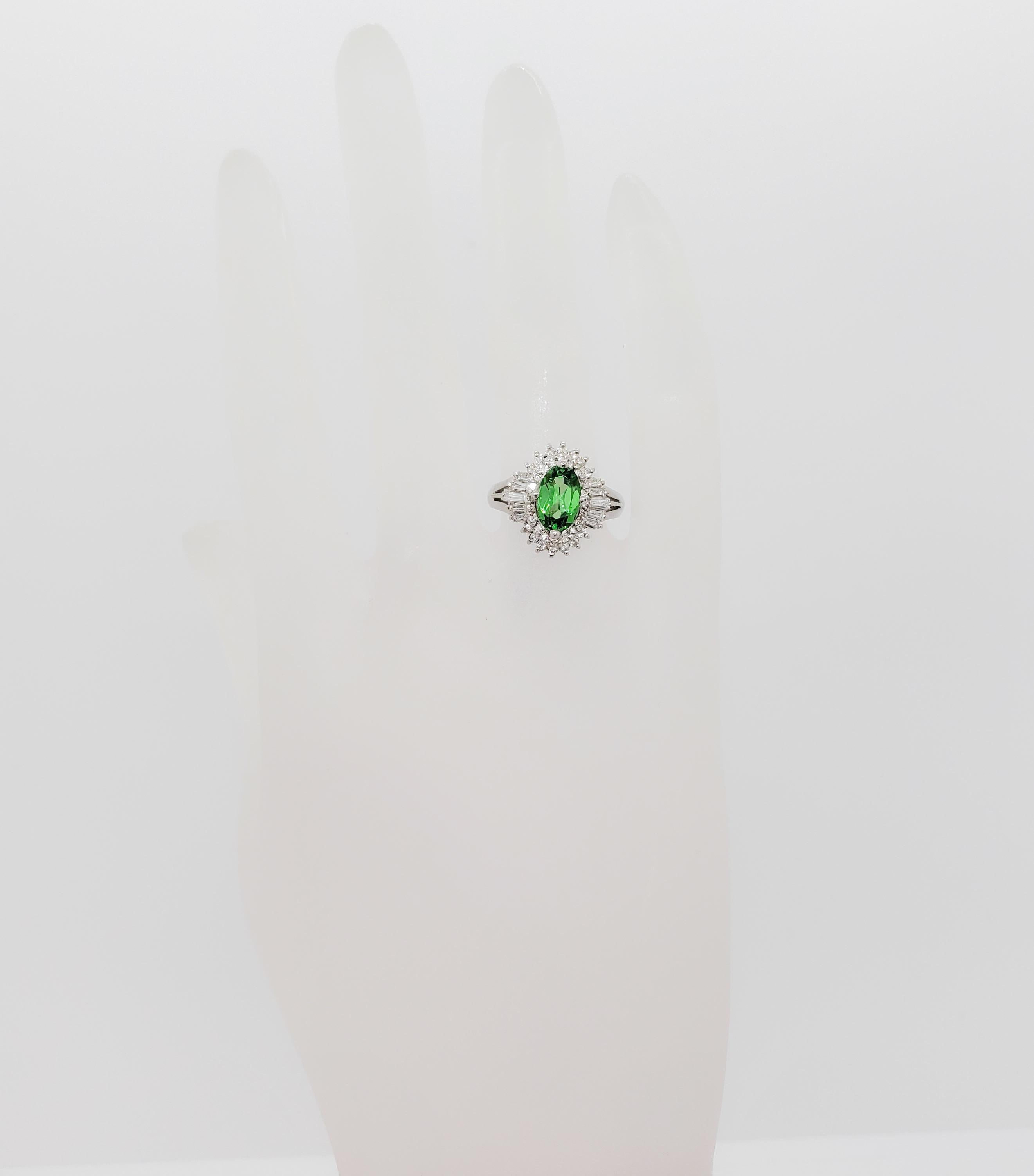 Oval Cut Tsavorite Garnet and Diamond Cocktail Ring in Platinum For Sale