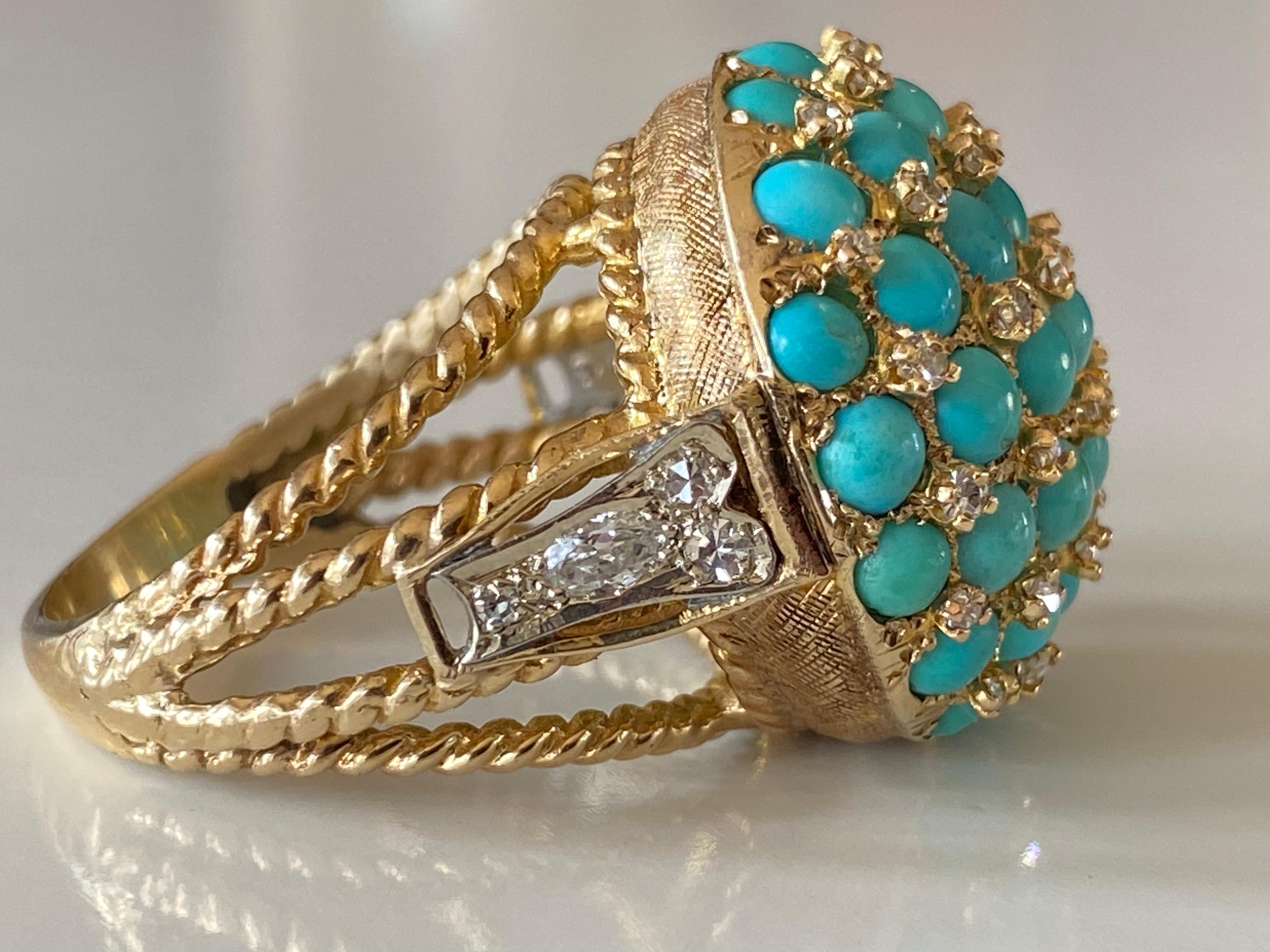 Mixed Cut Estate Turquoise and Diamond Cocktail Ring  For Sale