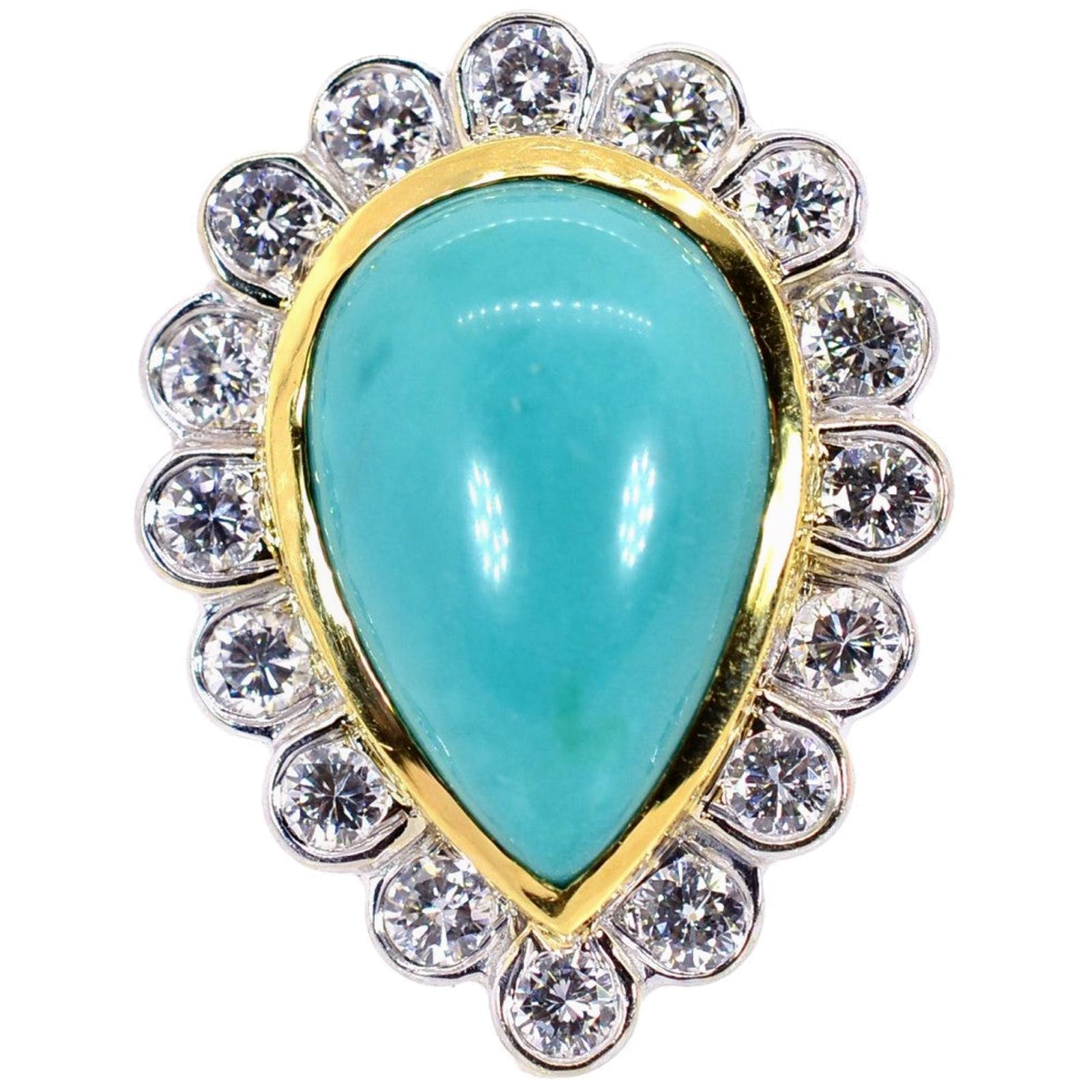 Estate Turquoise and Diamond Gold Ring For Sale