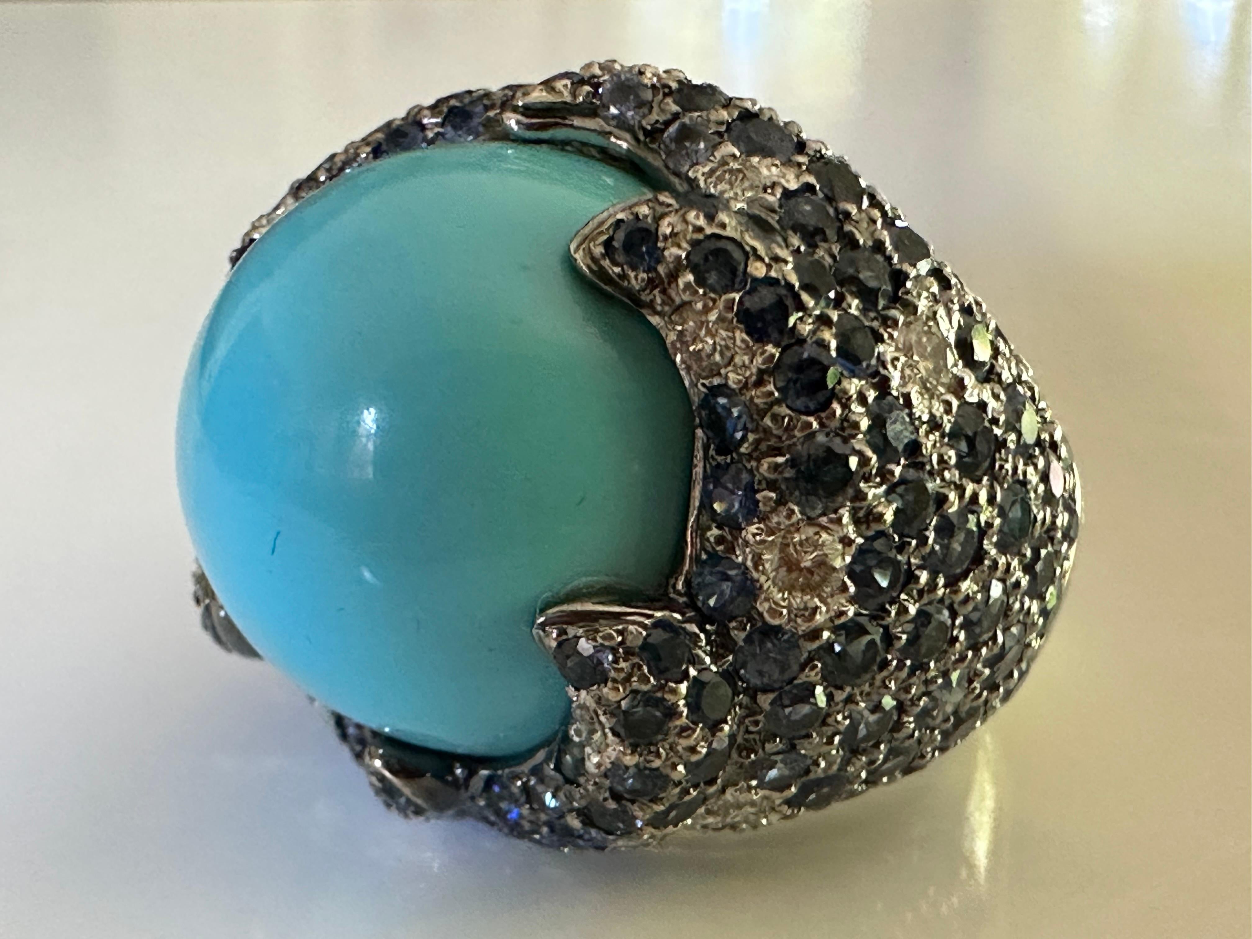 Estate Turquoise Blue Sapphire and Diamond Dome Cocktail Ring  For Sale 4