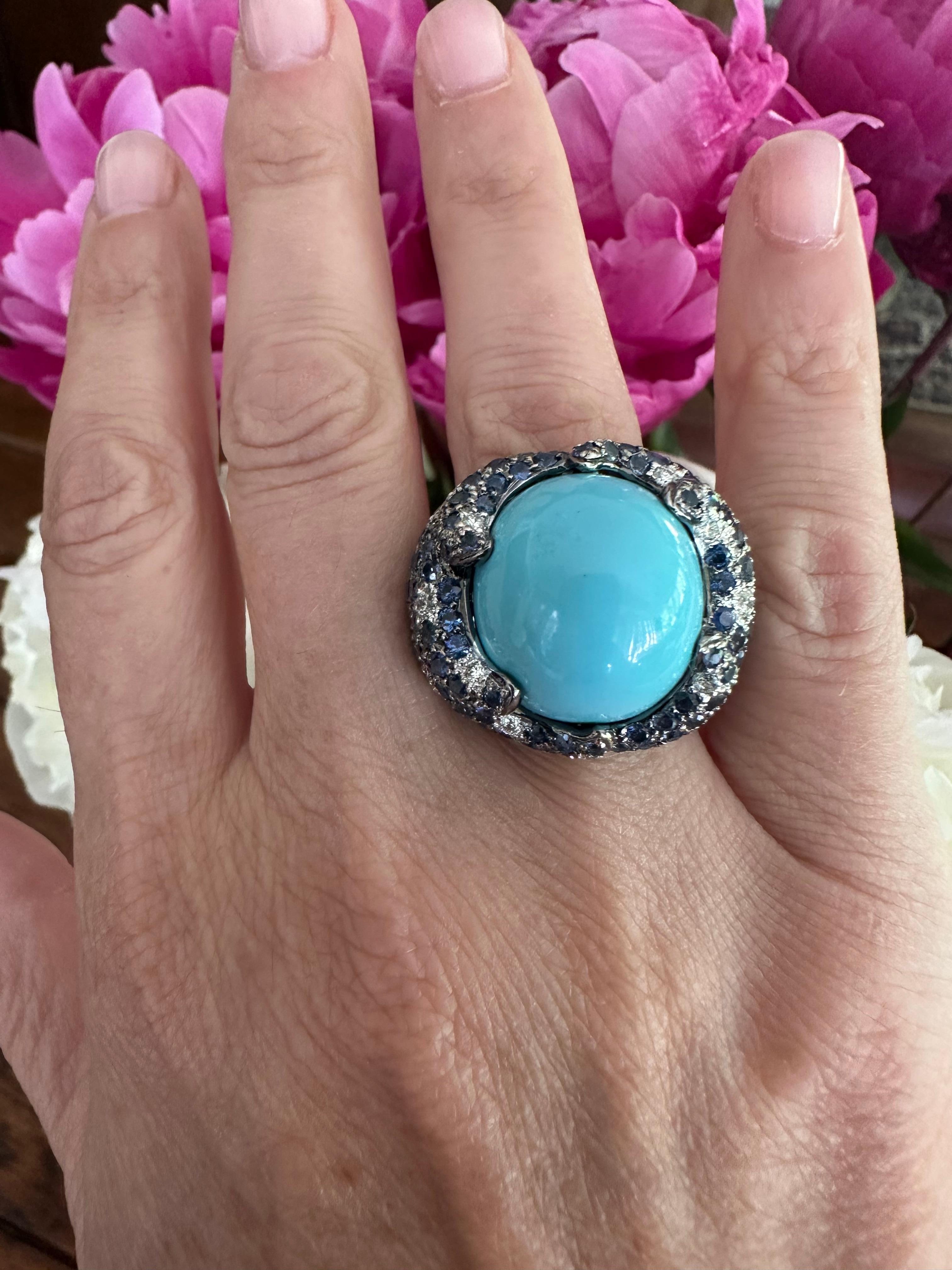 Estate Turquoise Blue Sapphire and Diamond Dome Cocktail Ring  For Sale 5