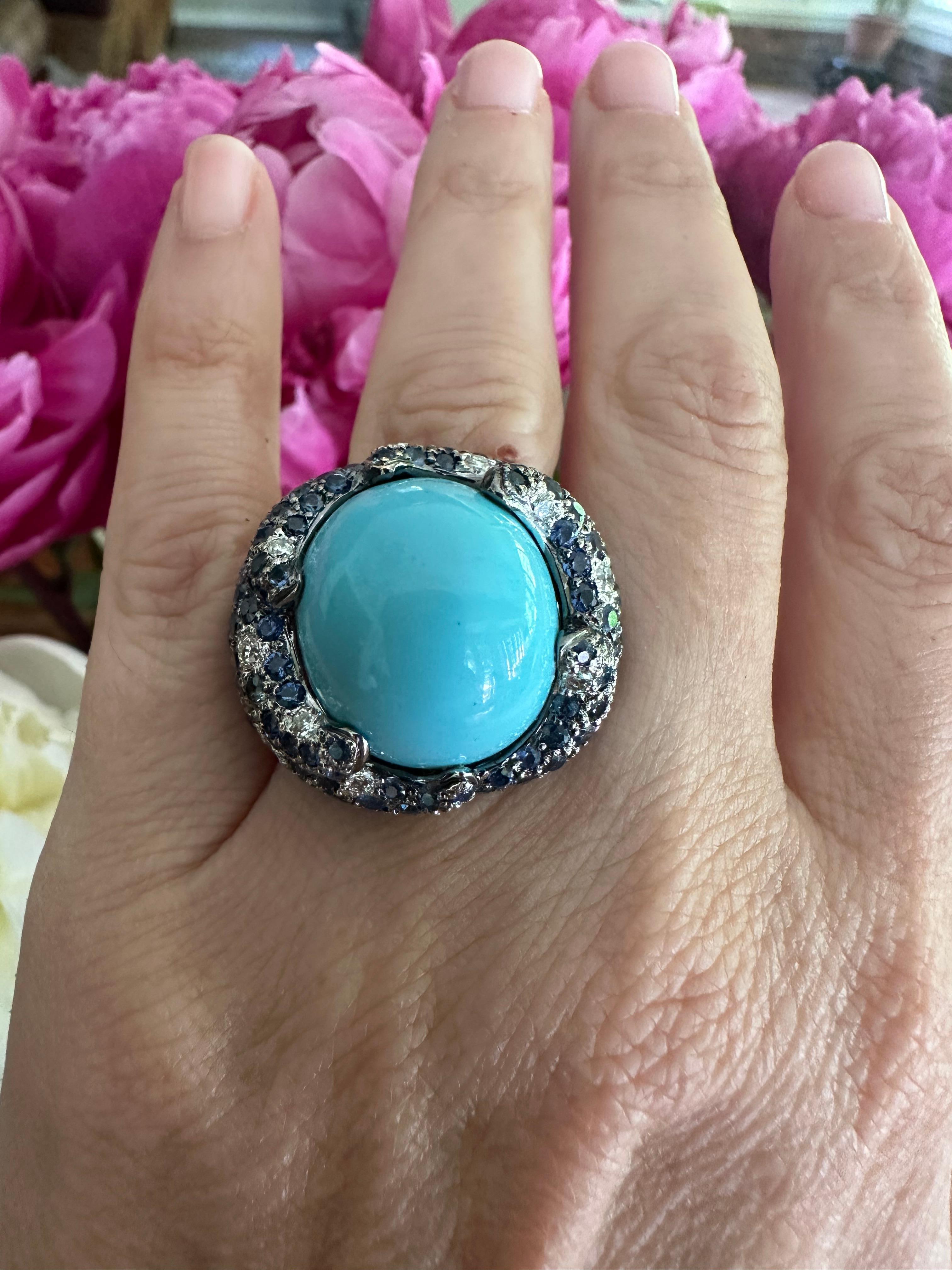 Estate Turquoise Blue Sapphire and Diamond Dome Cocktail Ring  For Sale 6