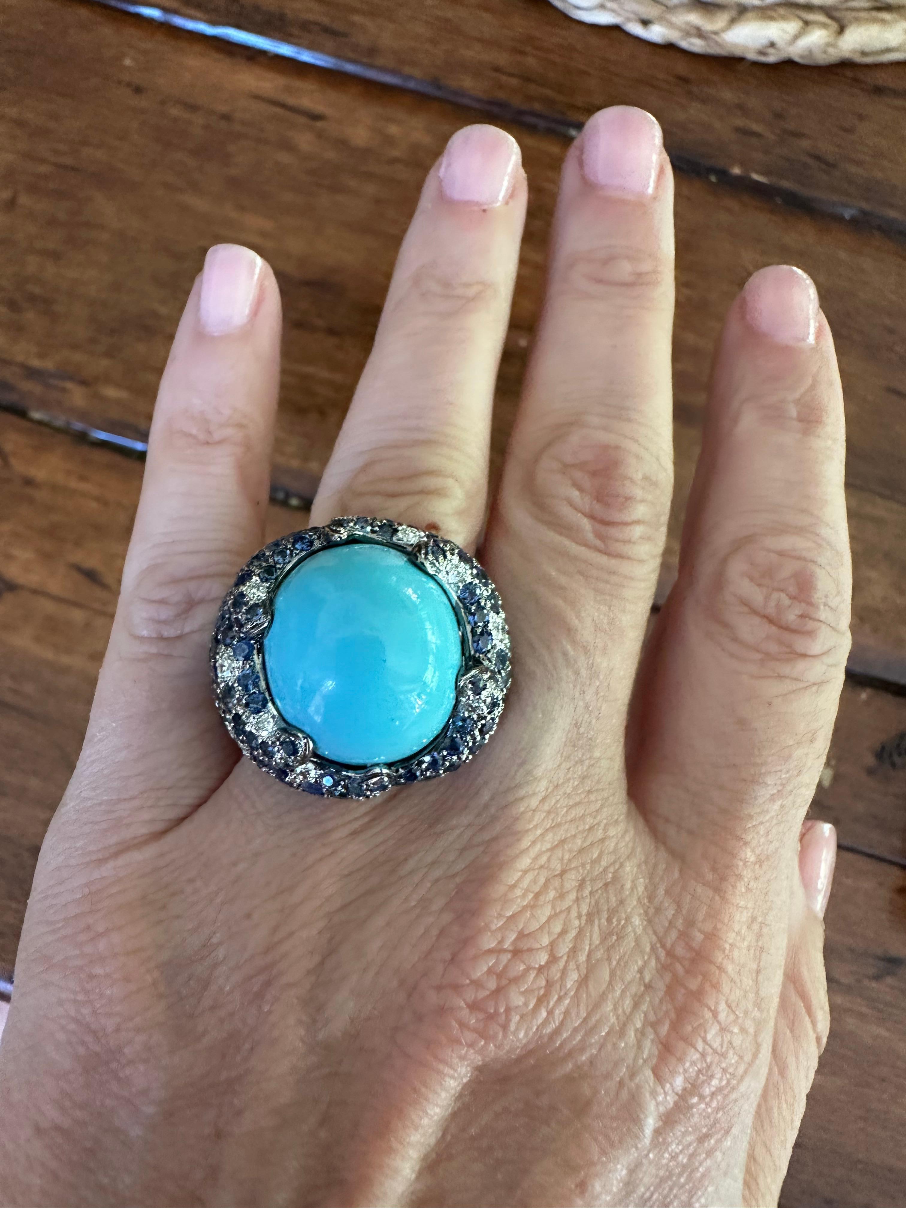 Estate Turquoise Blue Sapphire and Diamond Dome Cocktail Ring  For Sale 7