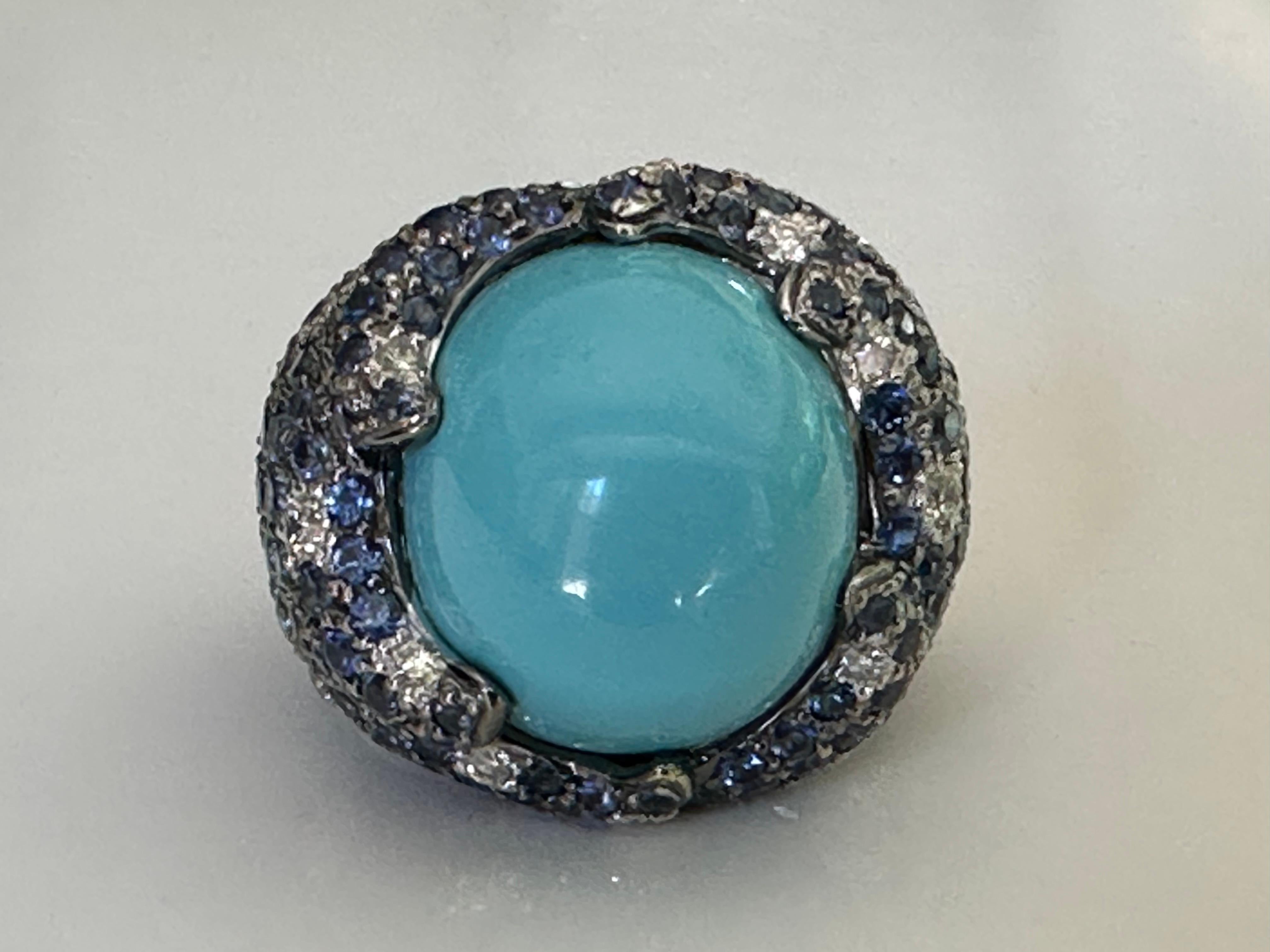 Estate Turquoise Blue Sapphire and Diamond Dome Cocktail Ring  For Sale 8