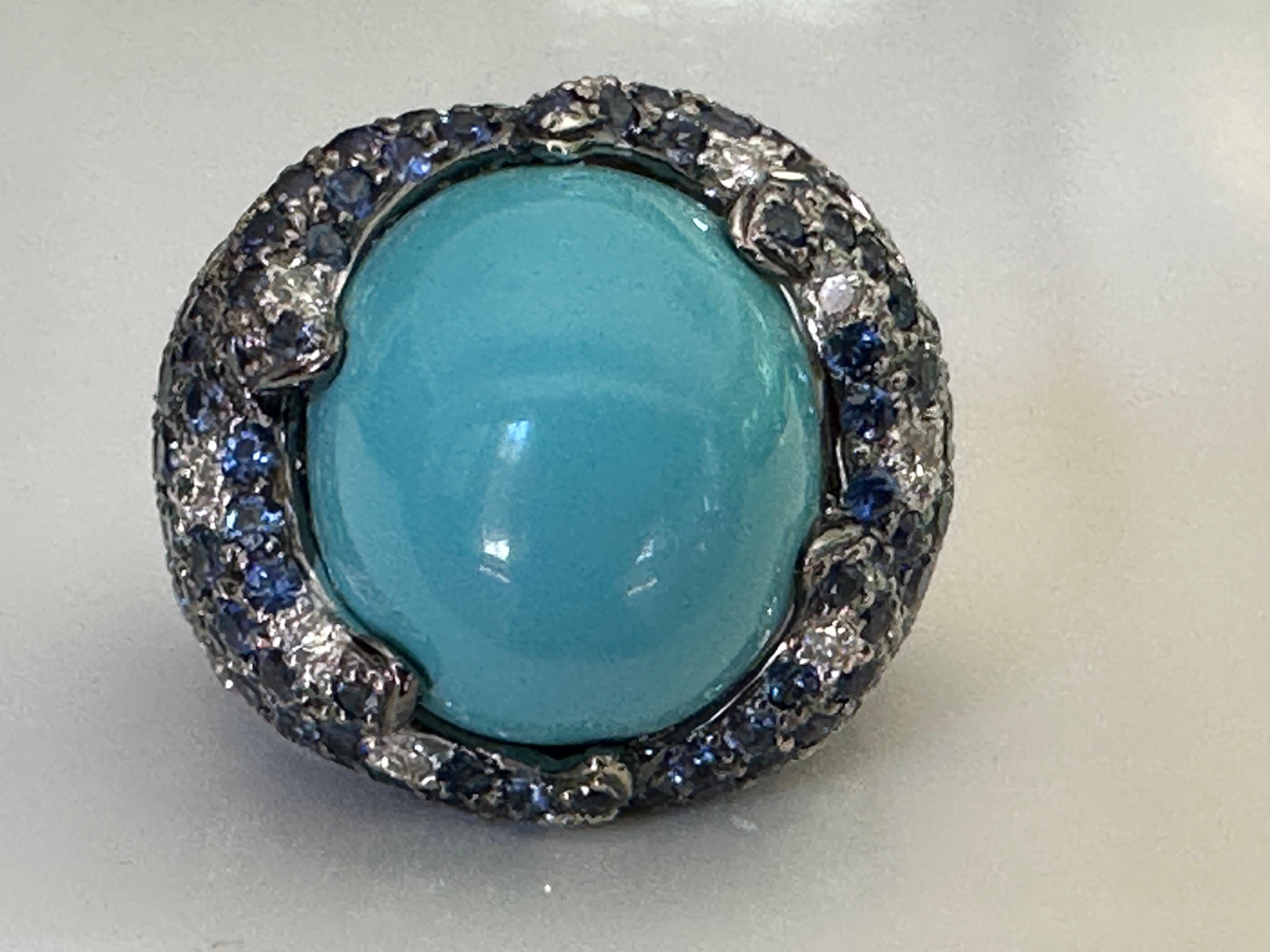 Estate Turquoise Blue Sapphire and Diamond Dome Cocktail Ring  For Sale 9