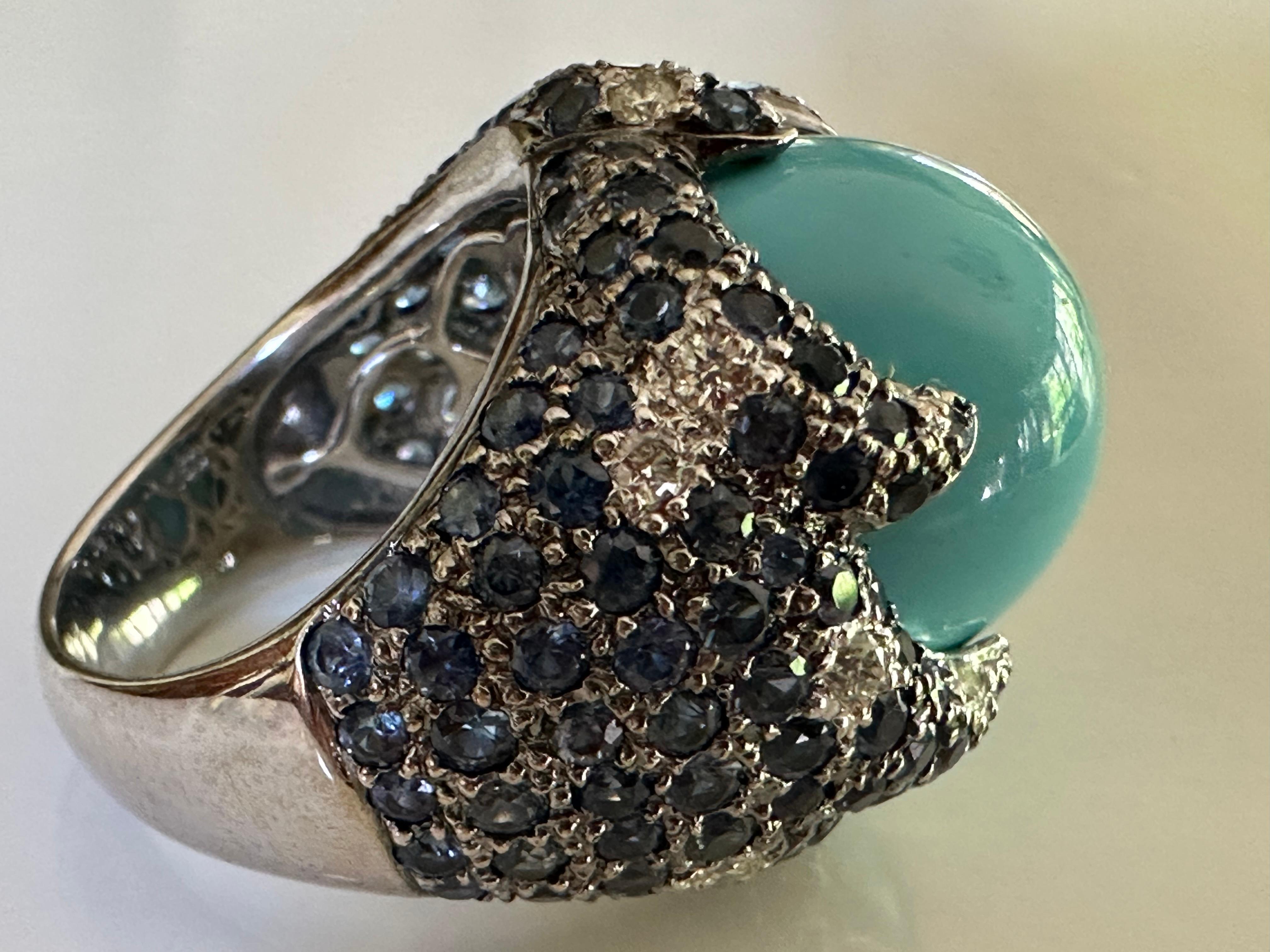 Estate Turquoise Blue Sapphire and Diamond Dome Cocktail Ring  In Good Condition For Sale In Denver, CO