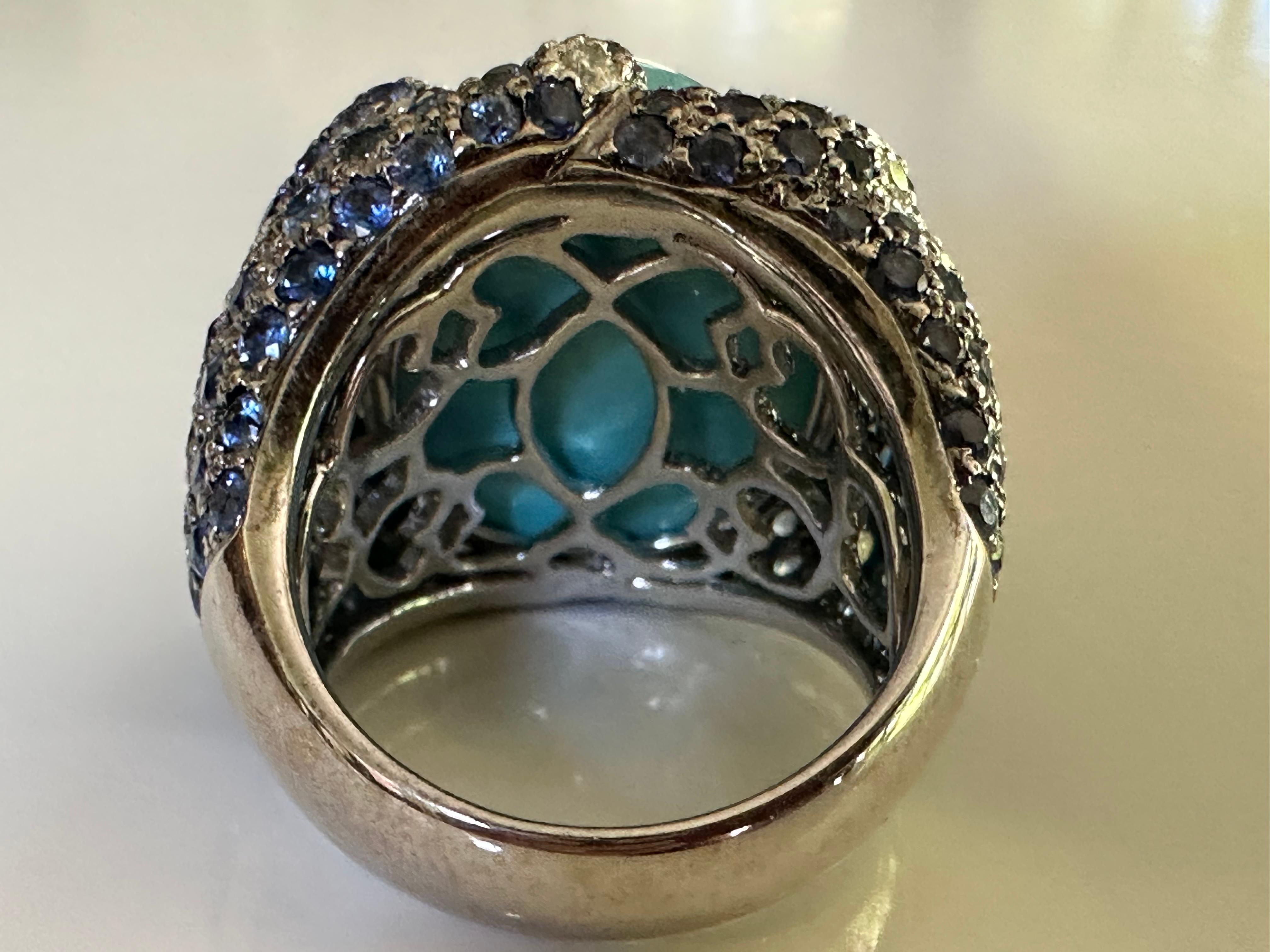 Estate Turquoise Blue Sapphire and Diamond Dome Cocktail Ring  For Sale 1