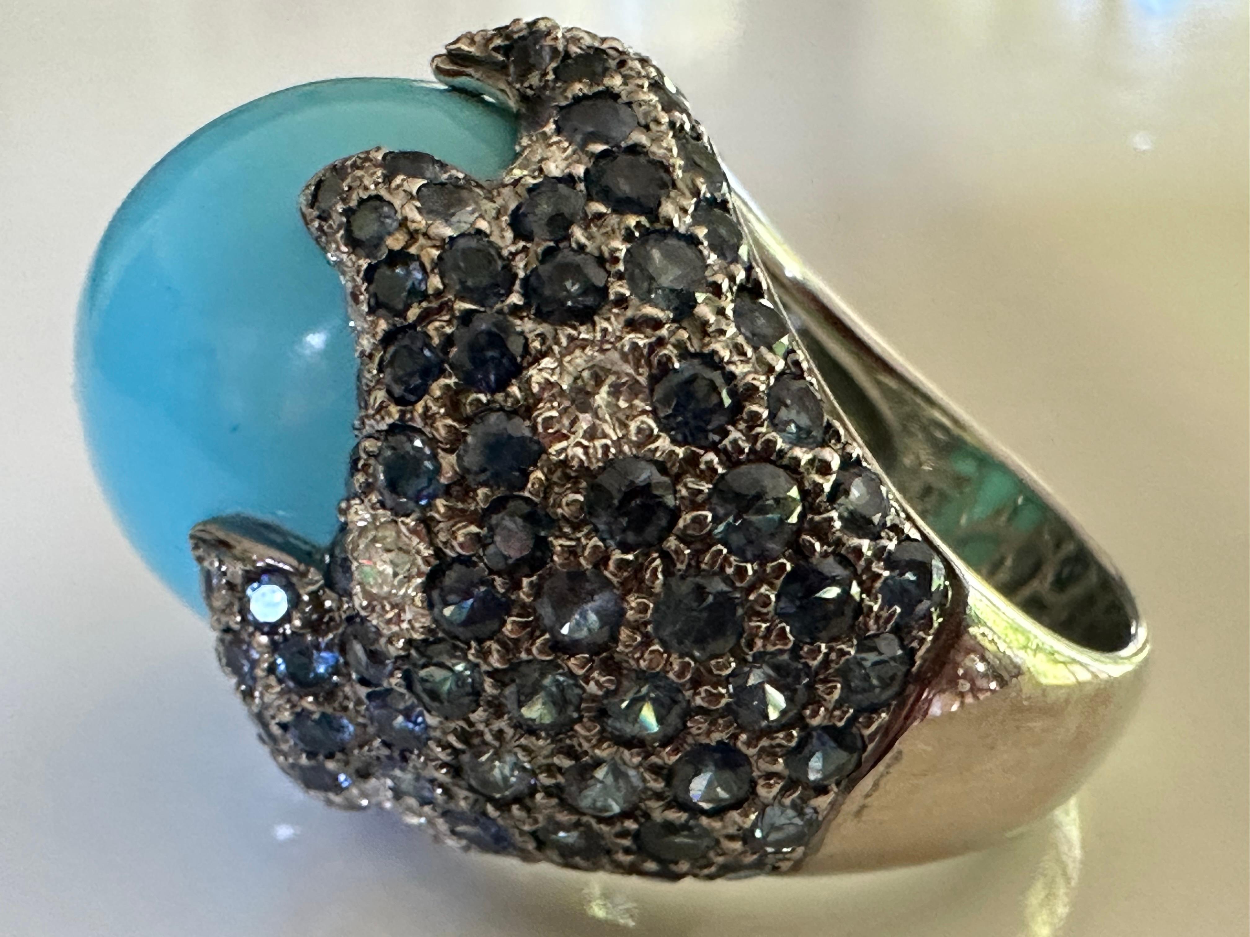 Estate Turquoise Blue Sapphire and Diamond Dome Cocktail Ring  For Sale 2
