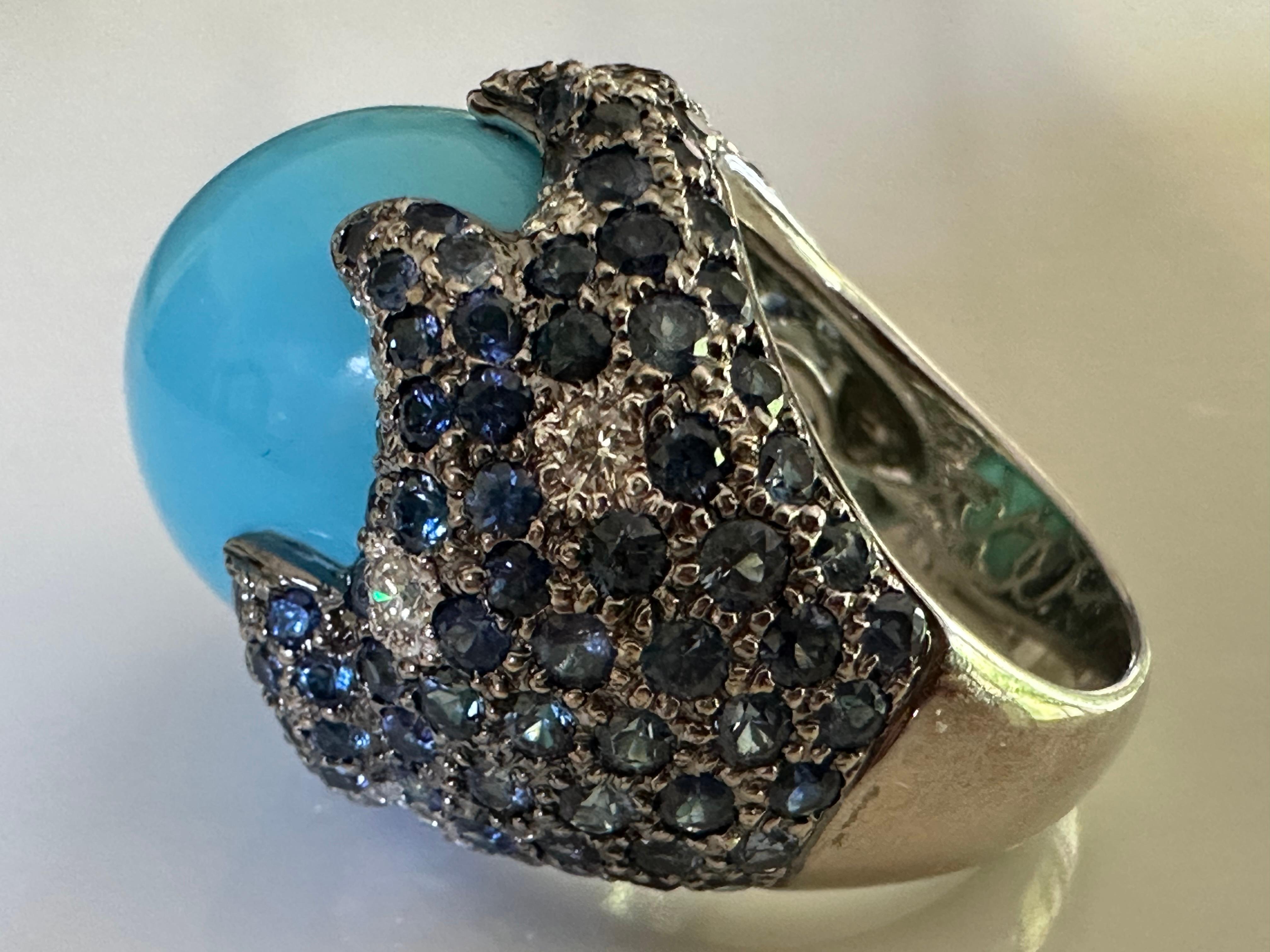 Estate Turquoise Blue Sapphire and Diamond Dome Cocktail Ring  For Sale 3
