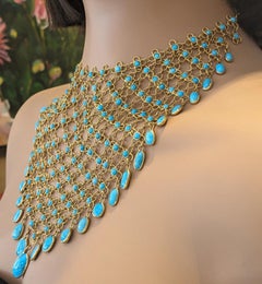 Estate Turquoise Cabochon Bib Necklace in 18k Yellow Gold