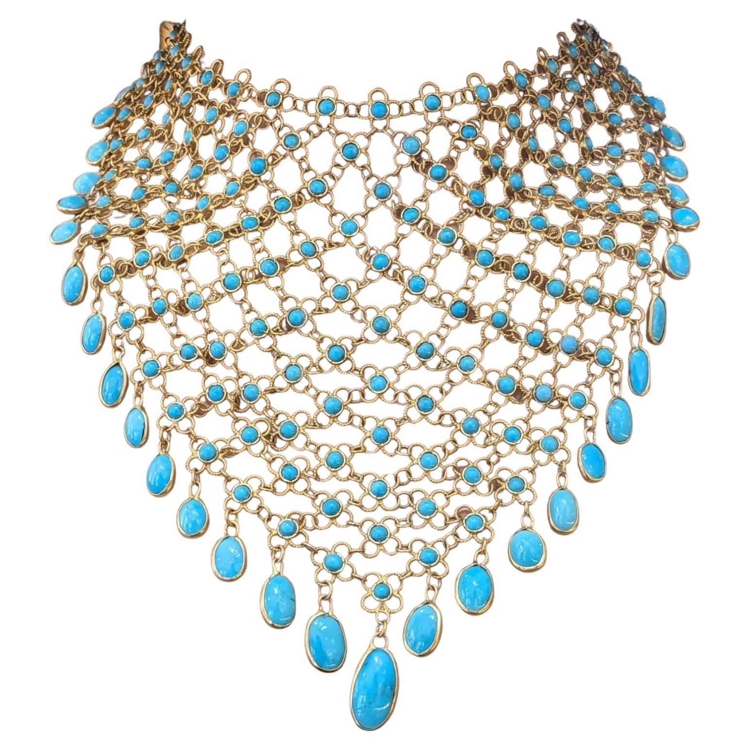 Estate Turquoise Cabochon Bib Necklace in 18k Yellow Gold en vente