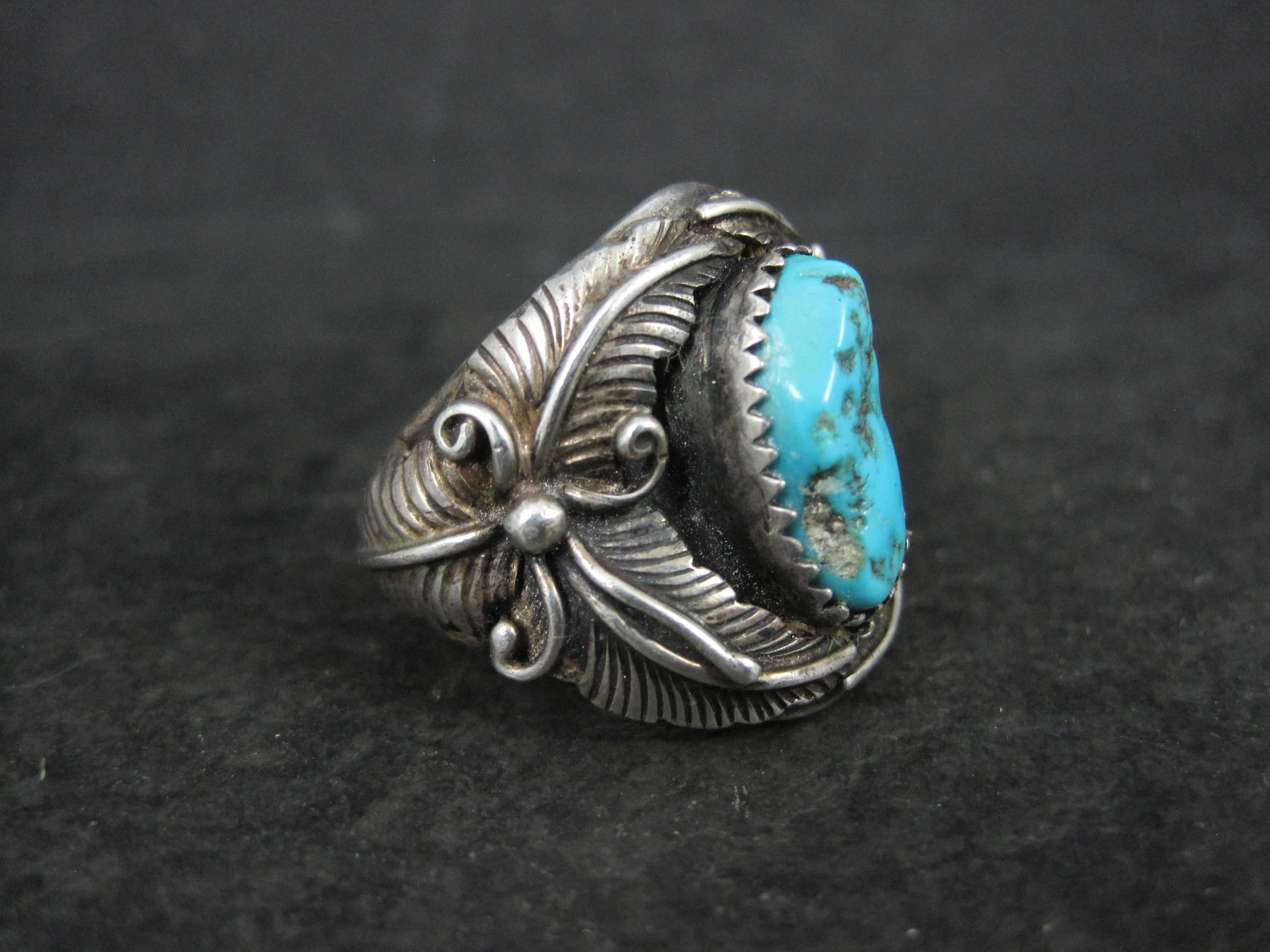 Mixed Cut Estate Turquoise Feather Ring Sterling Size 9 For Sale
