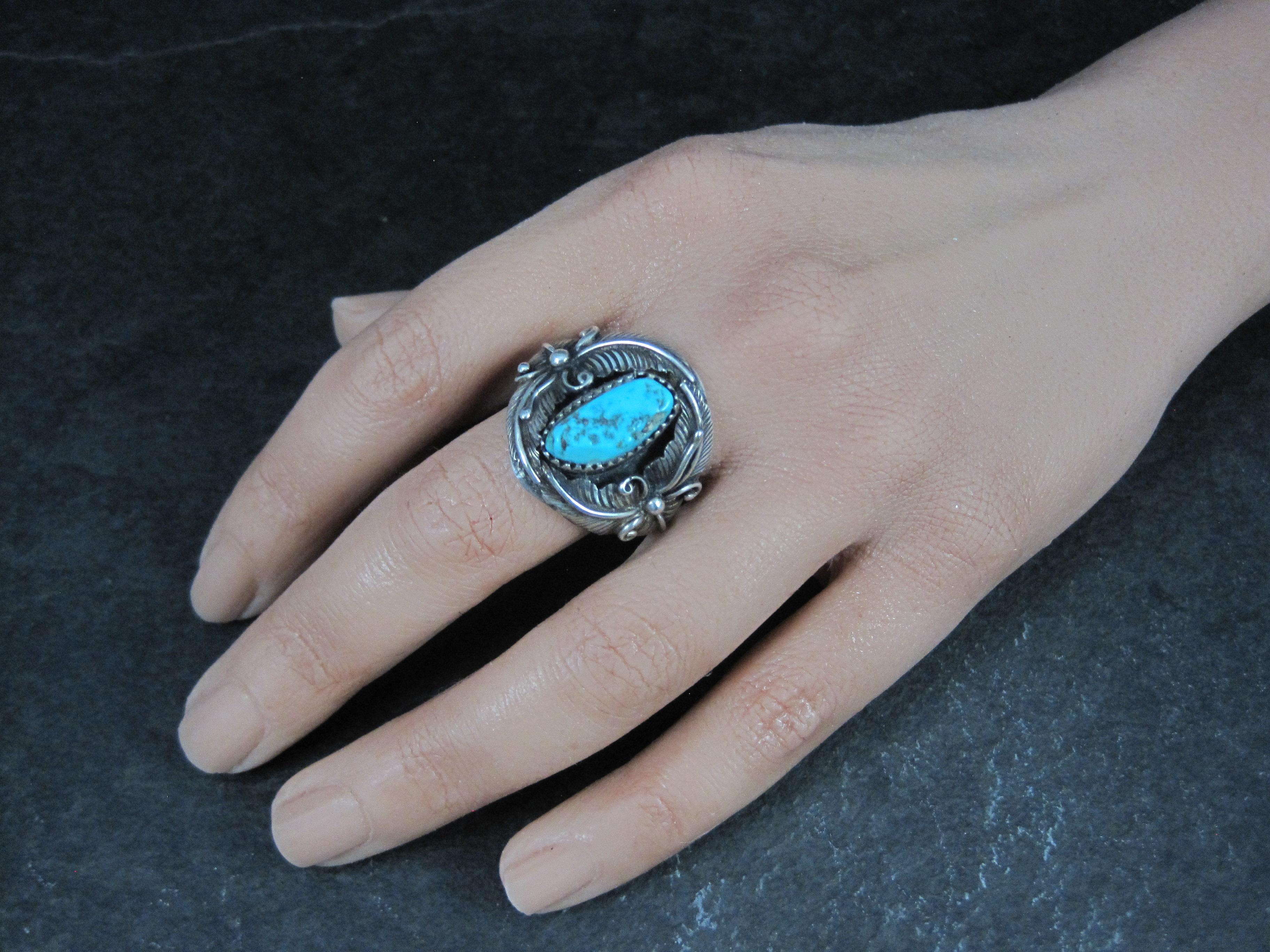 Estate Turquoise Feather Ring Sterling Size 9 For Sale 2