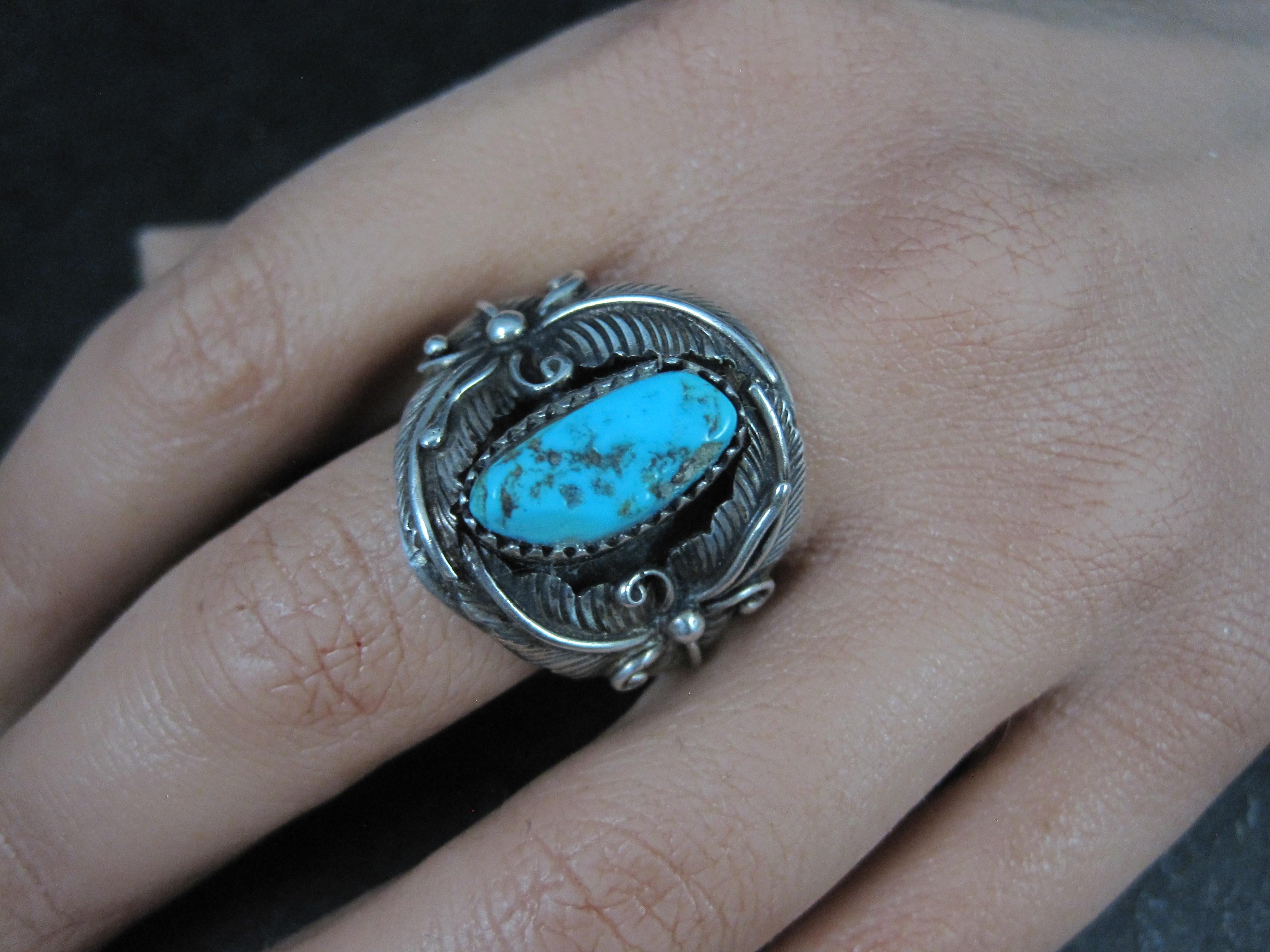 Estate Turquoise Feather Ring Sterling Size 9 For Sale 3
