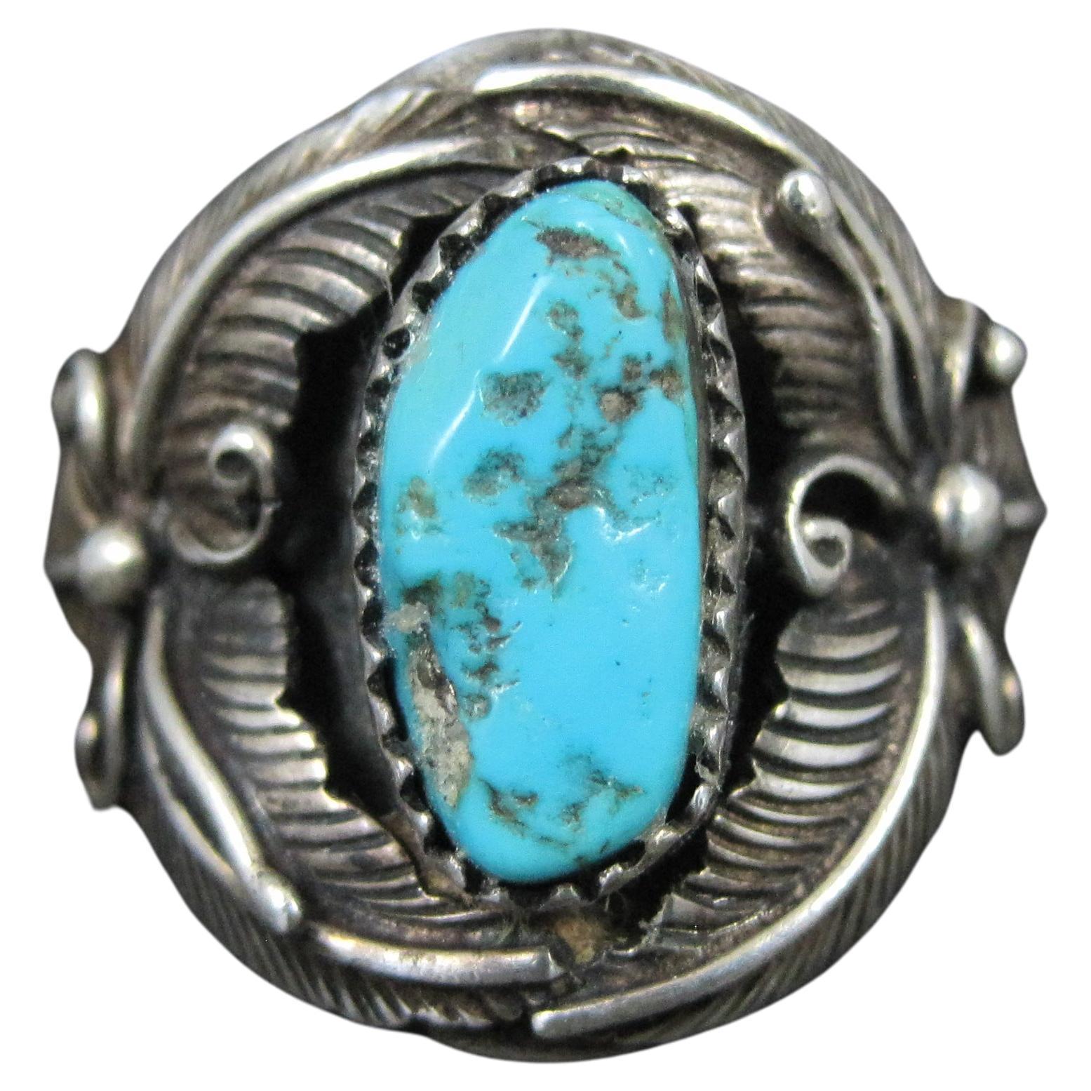 Estate Turquoise Feather Ring Sterling Size 9 For Sale
