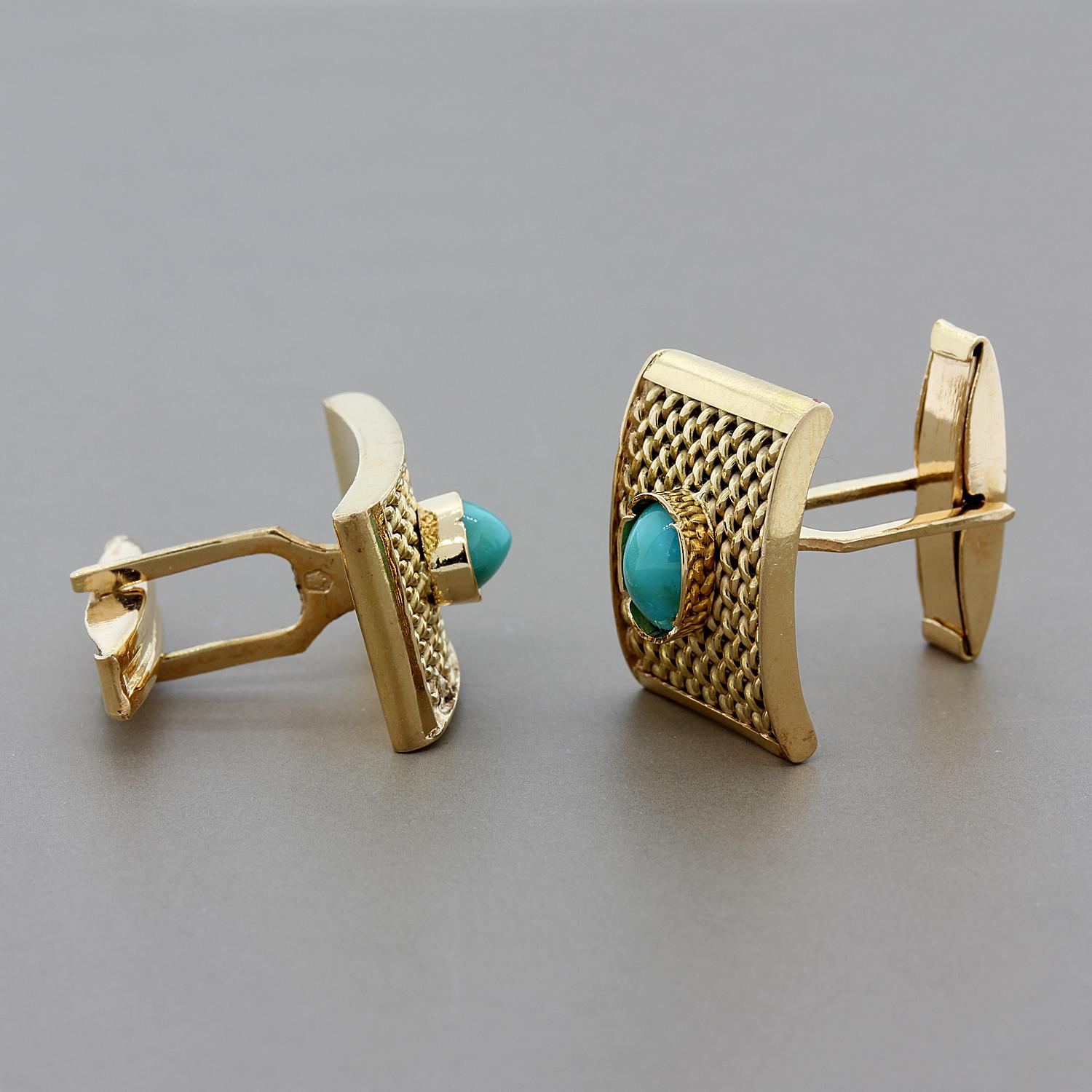 Estate Turquoise Gold Cufflinks In Excellent Condition In Beverly Hills, CA