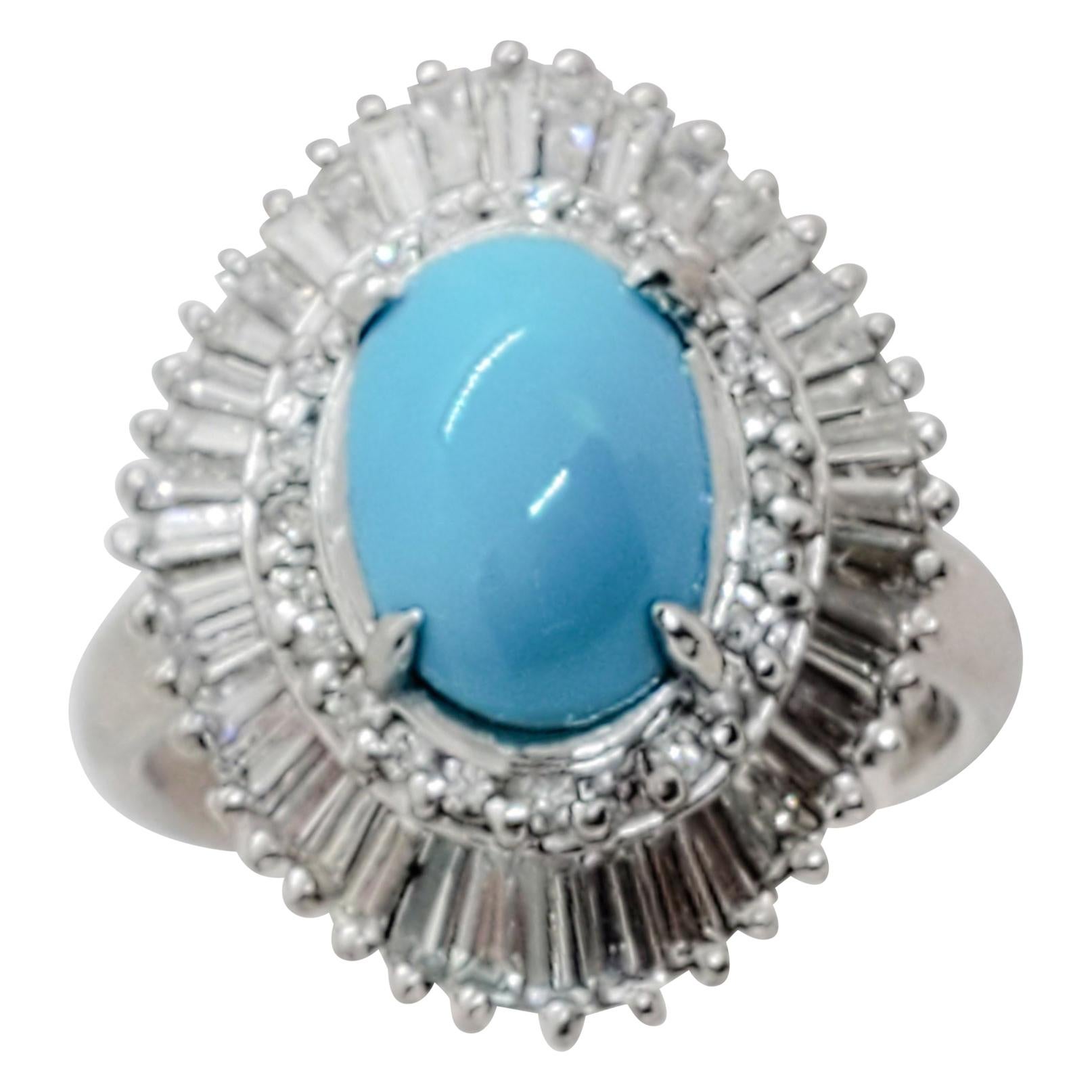 Estate Turquoise Oval Cabochon and White Diamond Ring in Platinum