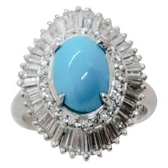 Estate Turquoise Oval Cabochon and White Diamond Ring in Platinum