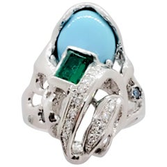 Estate Turquoise Oval, Emerald and Diamond Ring in Platinum