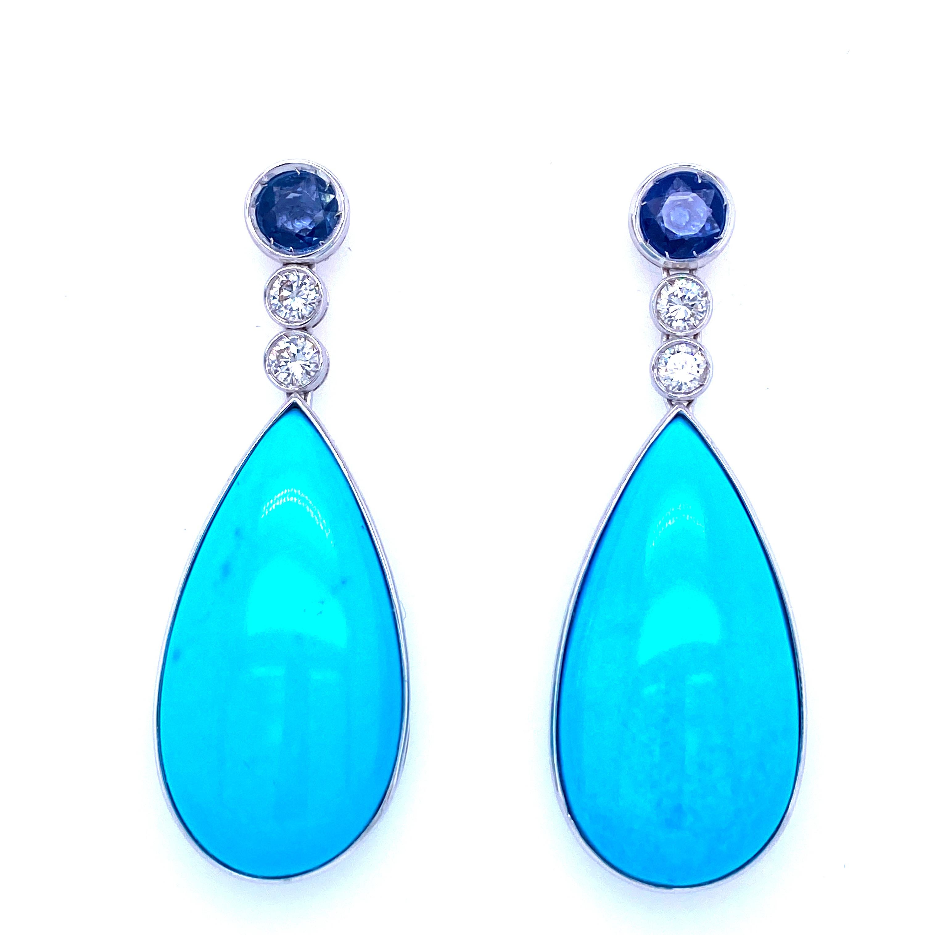 Cabochon Estate Turquoise Sapphire Diamonds Drop Earrings