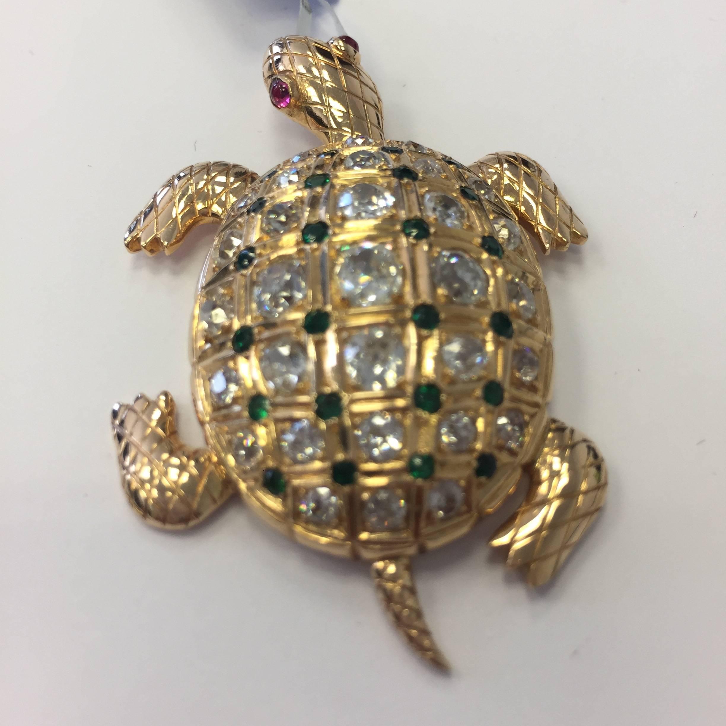 Round Cut Estate Turtle Slider Pendant with Diamonds, Tsavorites, and Tourmalines in 18kg