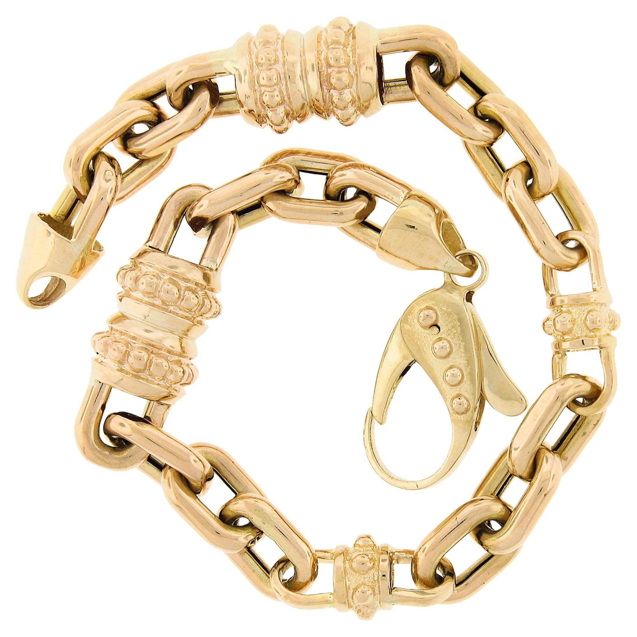 Bracelet unisexe en or 14K à longues sections perlées et chaîne ouverte à maillons en câble de 9 pouces en vente