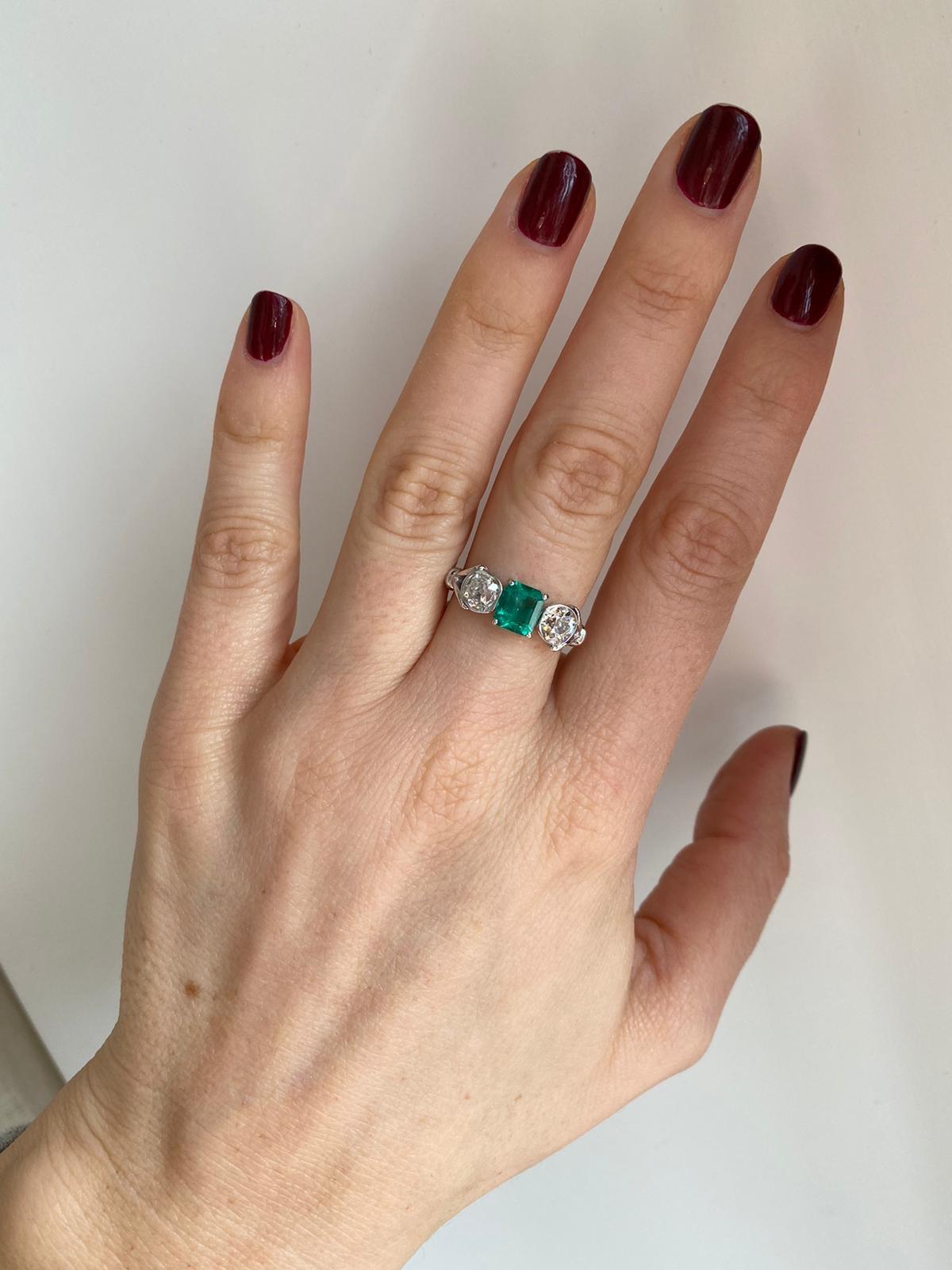 Estate Untreated Colombian Emerald Gold Three-Stone Ring 1
