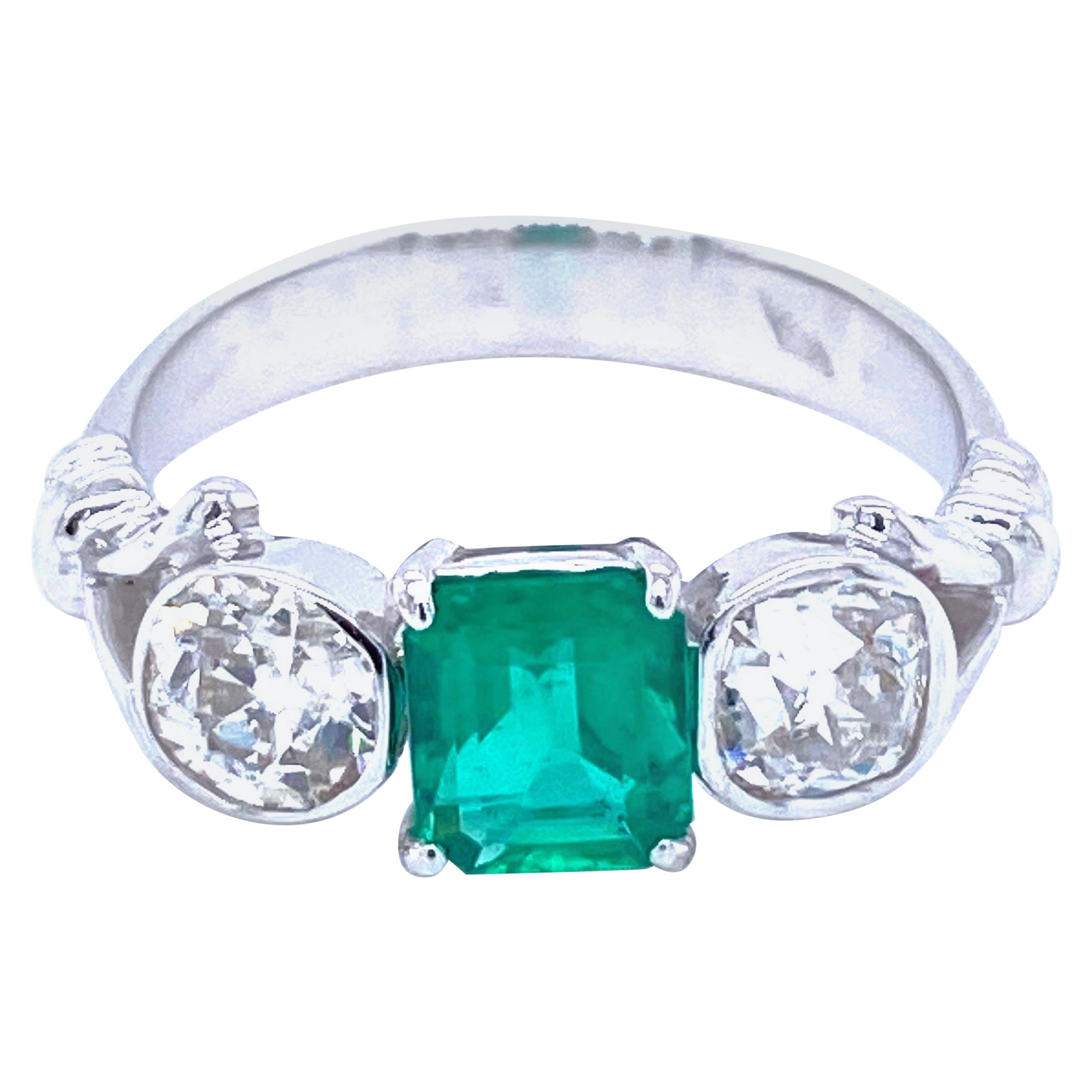 Estate Untreated Colombian Emerald Gold Three-Stone Ring