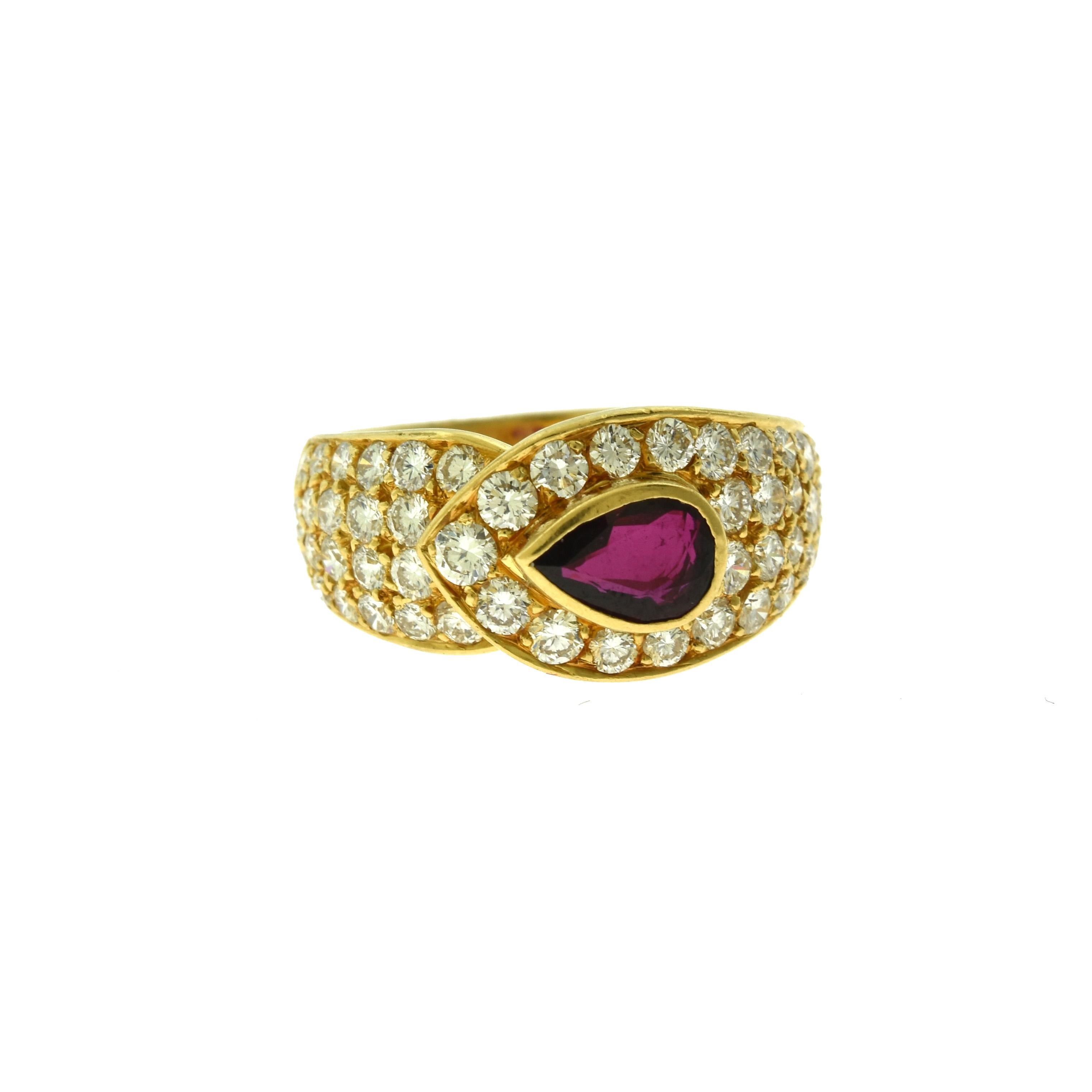 Questions? Contact Us at 786,482,8100

Ring Size: 5.75 (US)

Designer: Van Cleef & Arpels

Style: Cocktail Ring

Metal Type: Yellow Gold

Metal Purity: 18k

Stones: 51 Round Brilliant Cut Diamonds = approx. 1.50 ct, 1 Pear Shape Ruby = 7.3 x 5 x 1.6