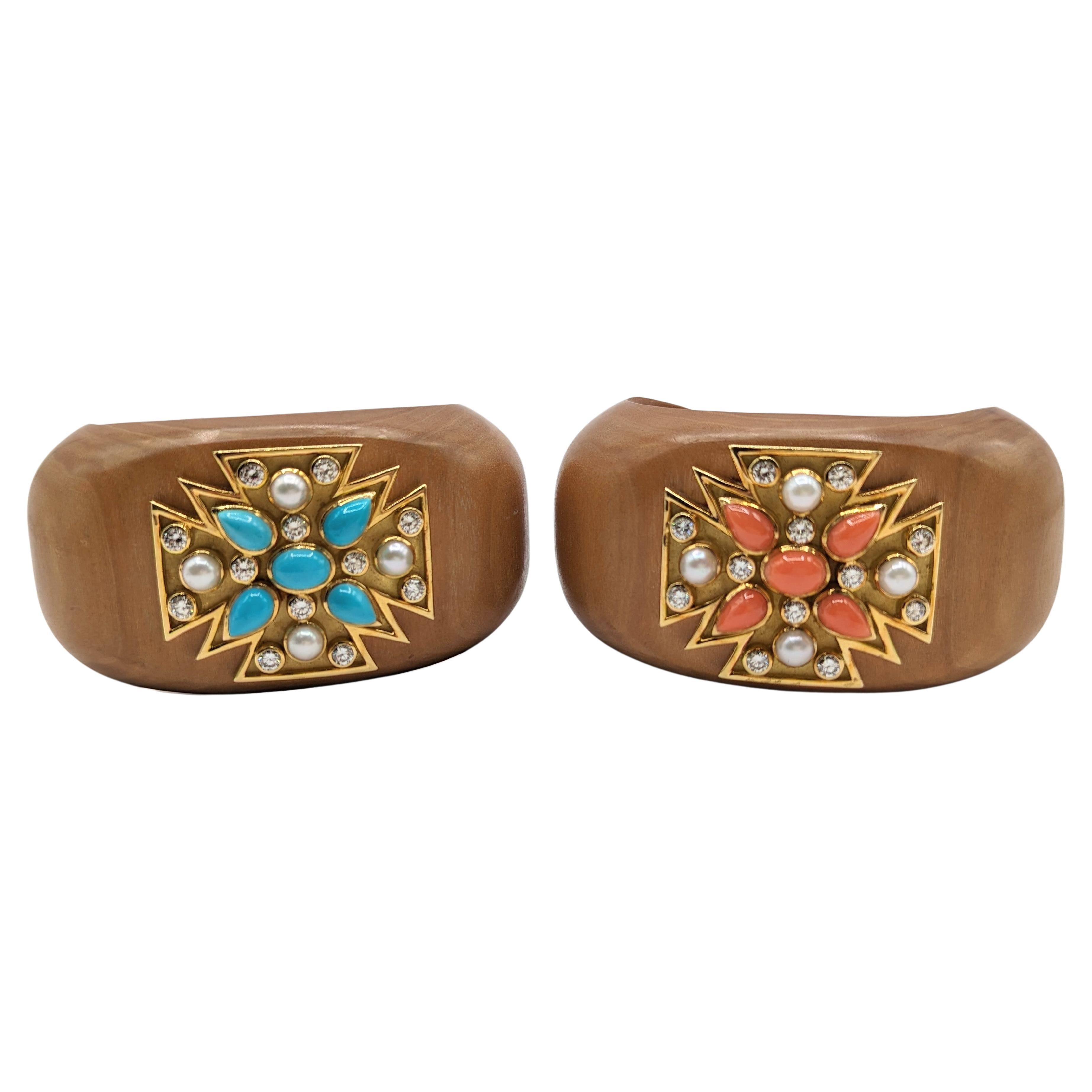 Estate Verdura Turquoise, Coral, and White Diamond Cuff Set of in 18K Gold 