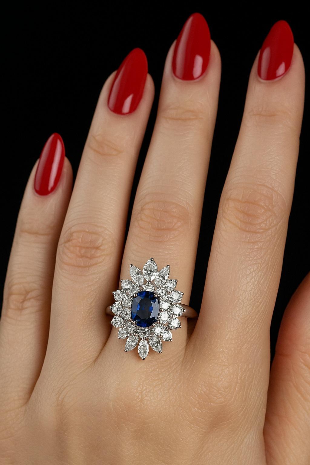 Contemporaneo Anello di proprietà con zaffiro blu da 6,81 carati e diamanti in oro bianco 18 carati in vendita