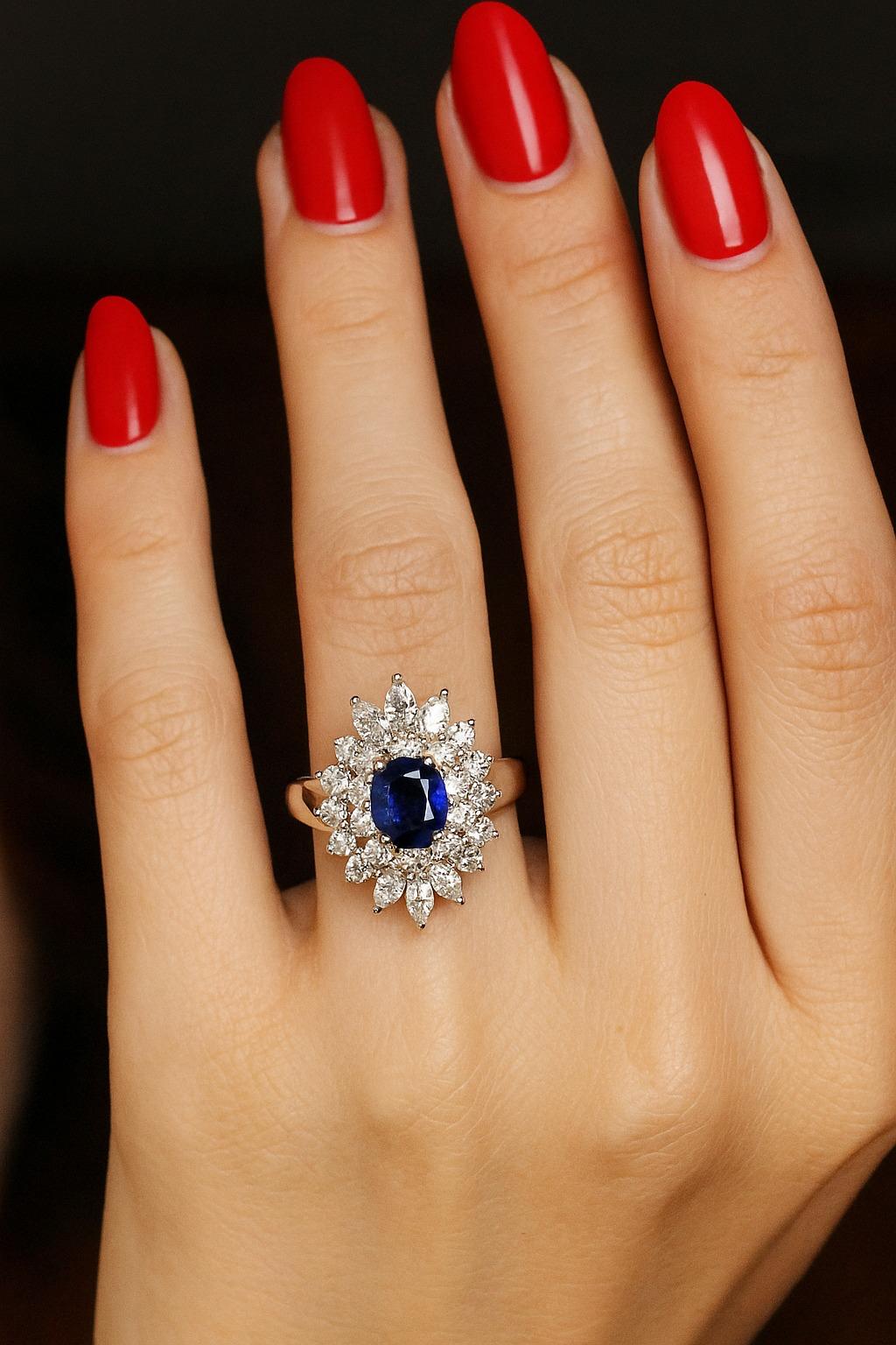 Taglio ovale Anello di proprietà con zaffiro blu da 6,81 carati e diamanti in oro bianco 18 carati in vendita