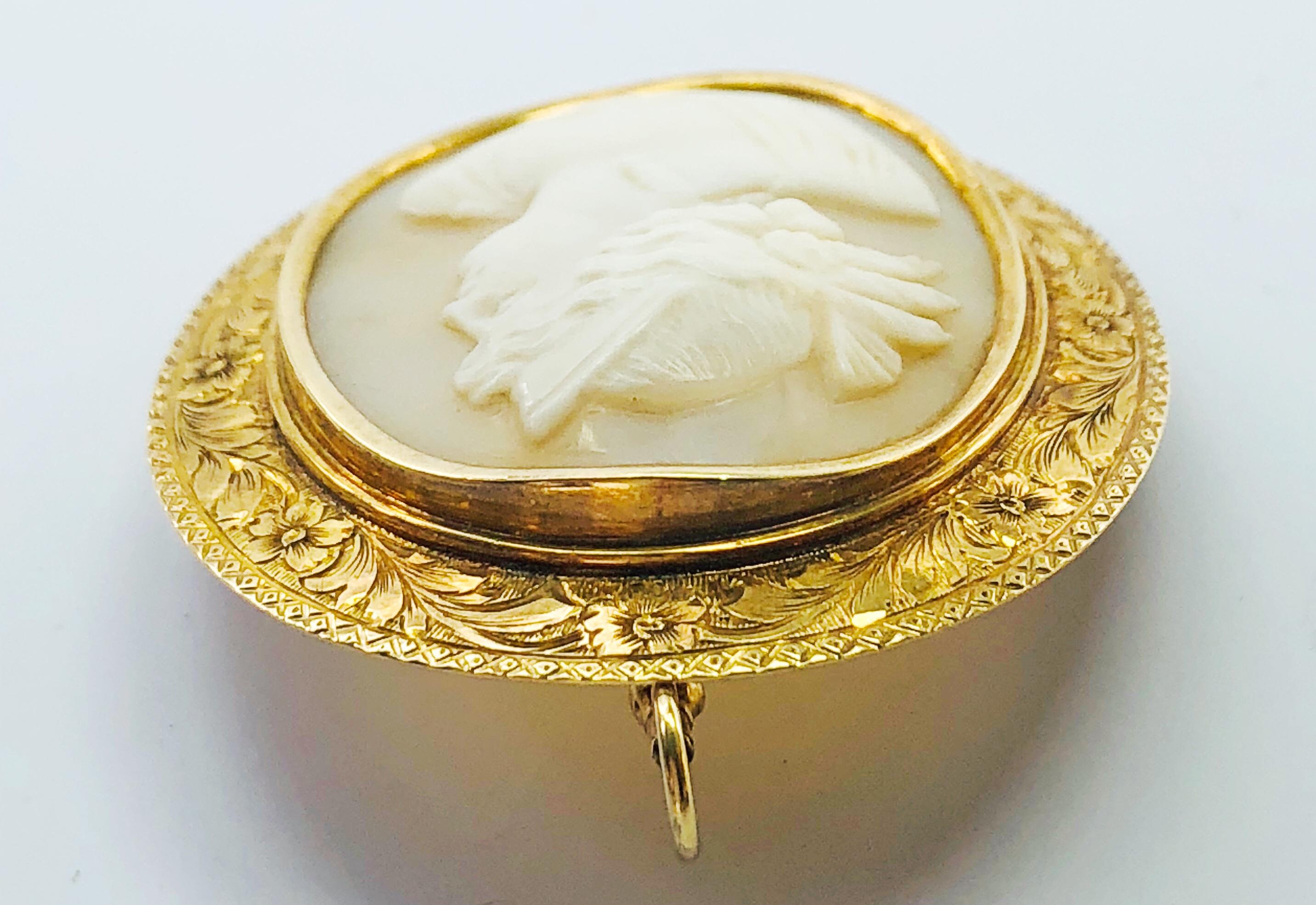 Estate Victorian 14 Karat Gelbgold und Shell Oval Cameo Brosche und Anhänger für Damen oder Herren