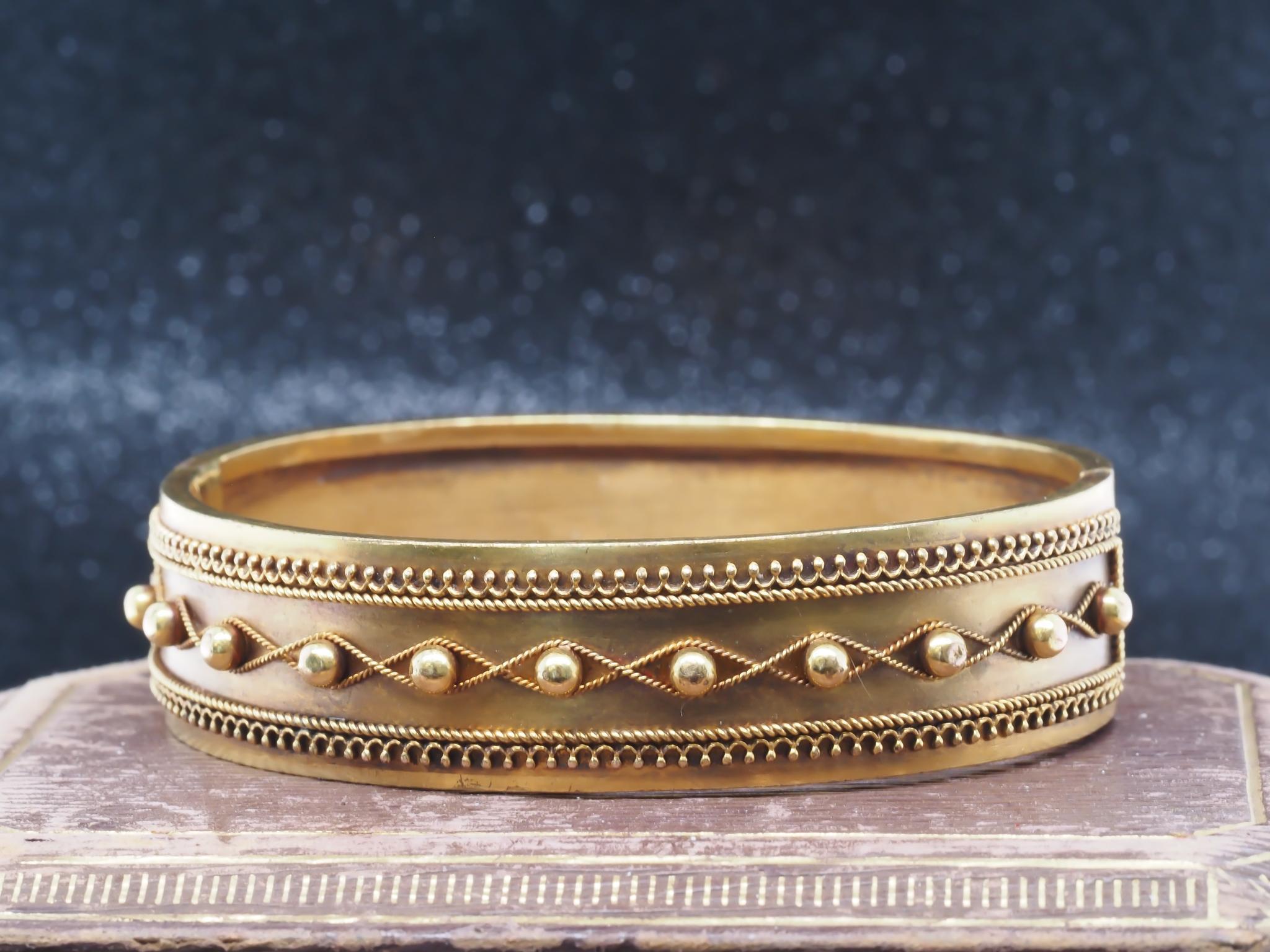 Estate Victorian 14K Gold with 22K Gold Wash Bangle - VHK#1007

Item Details:
Year: 1890s
Metal Type: 14K Yellow Gold with 22K Gold Wash [Hallmarked, and Tested]
Weight: 13.7 grams (All Items Total)

Bracelet Length Measurement: Fits a 6.5 inch