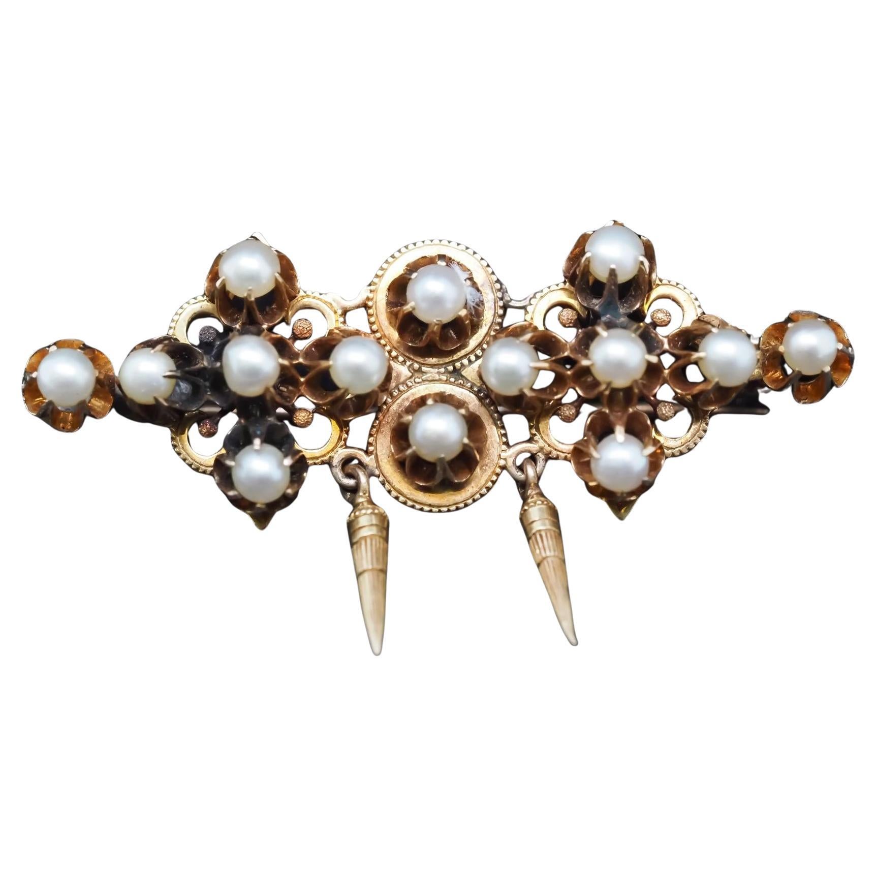 Broche victorienne en or jaune 14K avec perles - VHK#421a