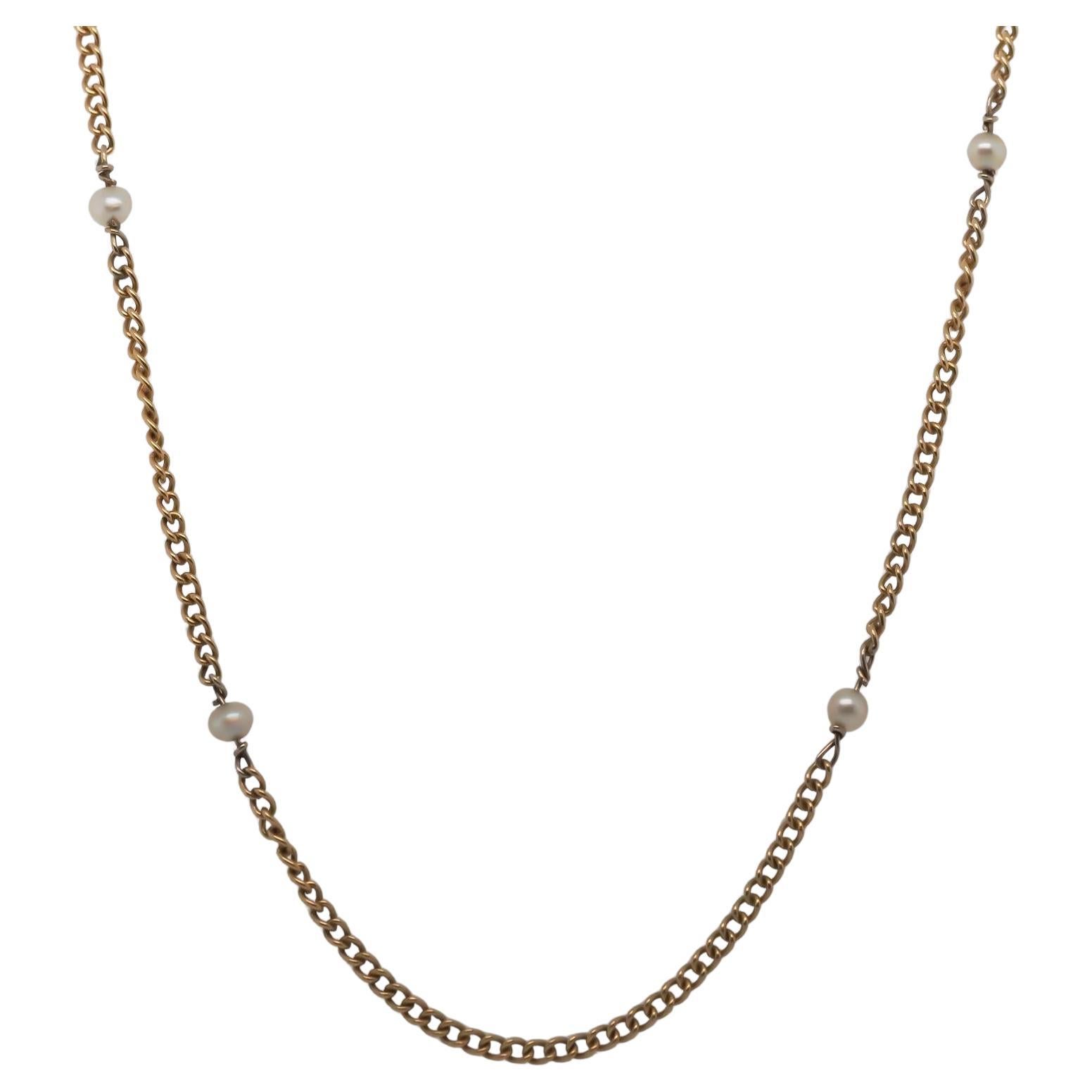 Estate Victorian 1880s Antique 18K Yellow Gold and Pearl Unique Link Chain (Chaîne à maillons unique en or jaune 18K et perles) en vente