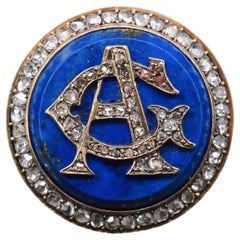 Estate Victorian 18K Gold Rose Cut Diamond A & G initials on Lapis Brooch
