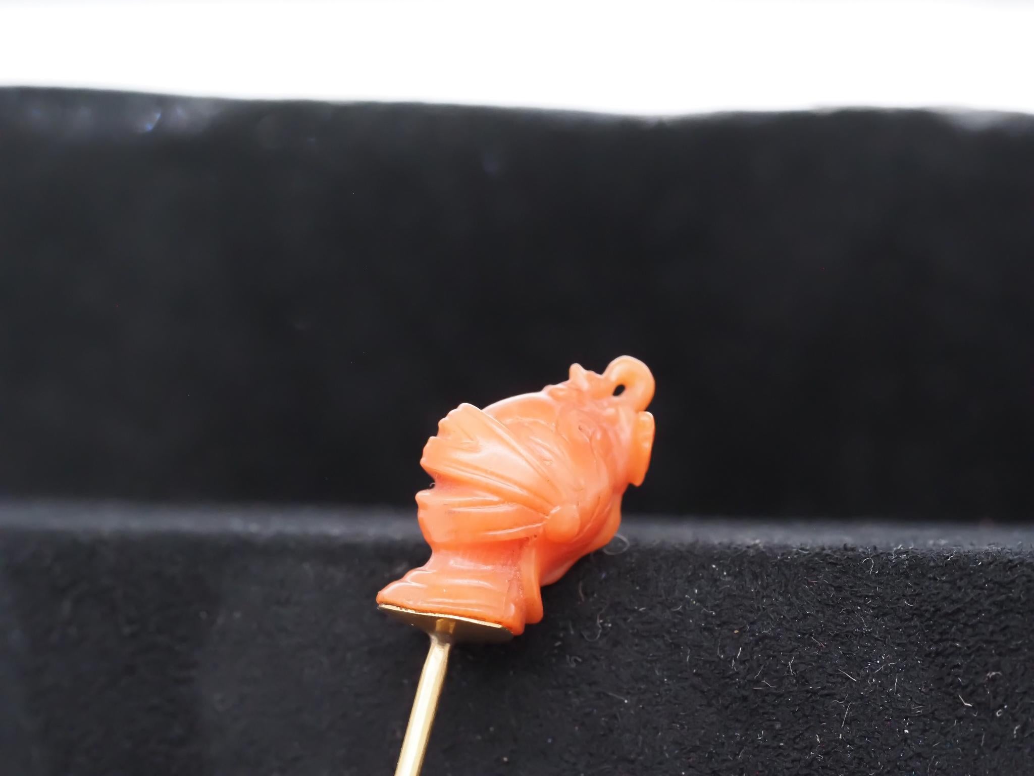 French Cut Estate Victorian 18K Yellow Gold French Carved Coral KNIGHT in Armor Stick Pin For Sale