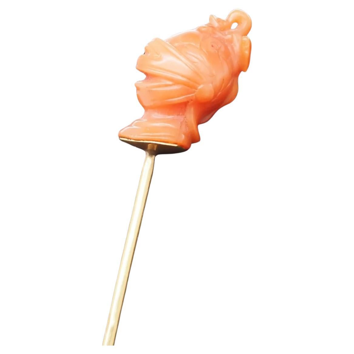 Estate Victorian 18K Yellow Gold French Carved Coral KNIGHT in Armor Stick Pin