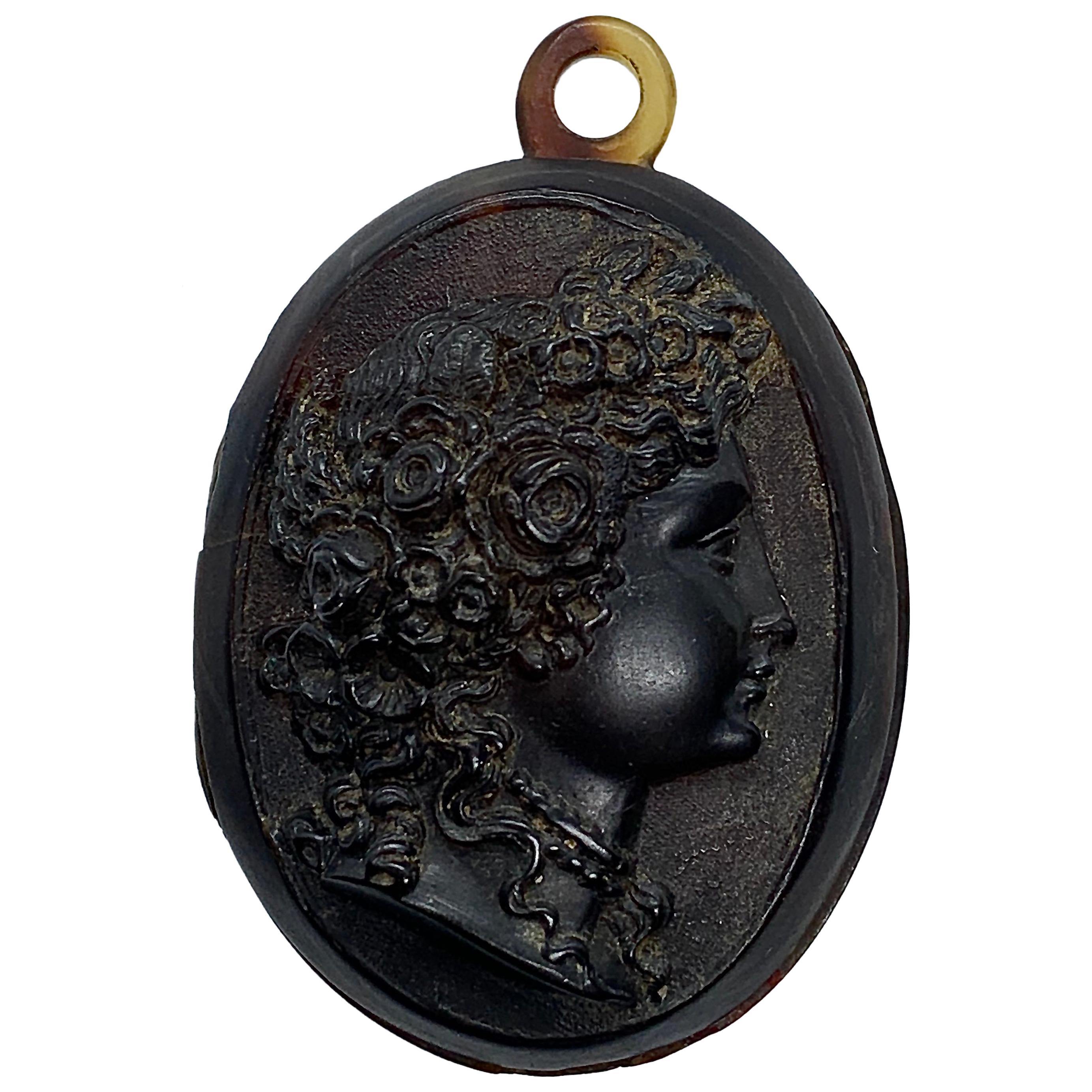 Estate Victorian Carved Tortoise Shell Cameo Mourning Locket, circa Mid-1800s