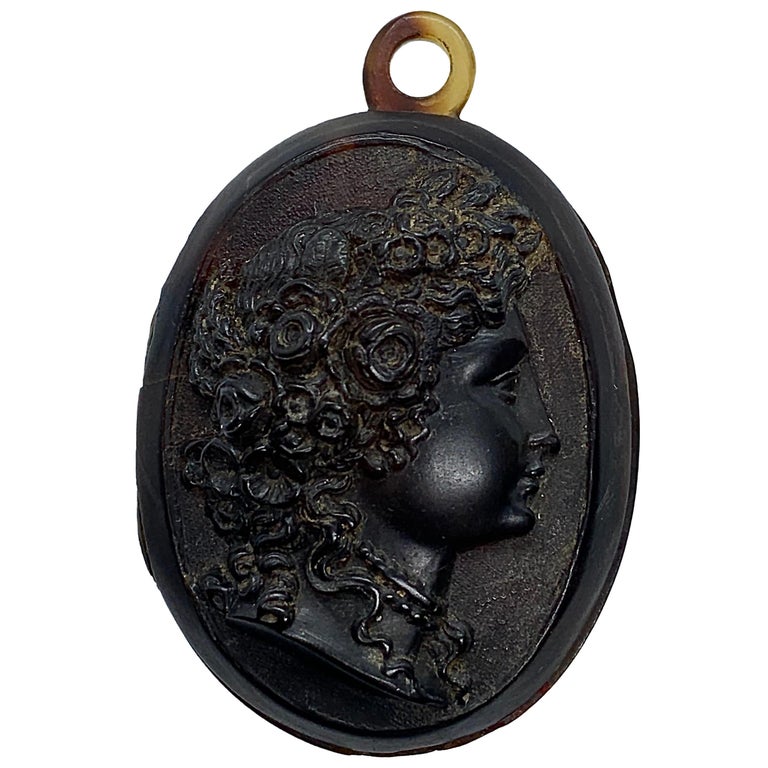 Estate Victorian Carved Tortoise Shell Cameo Mourning Locket, circa Mid-1800s For Sale