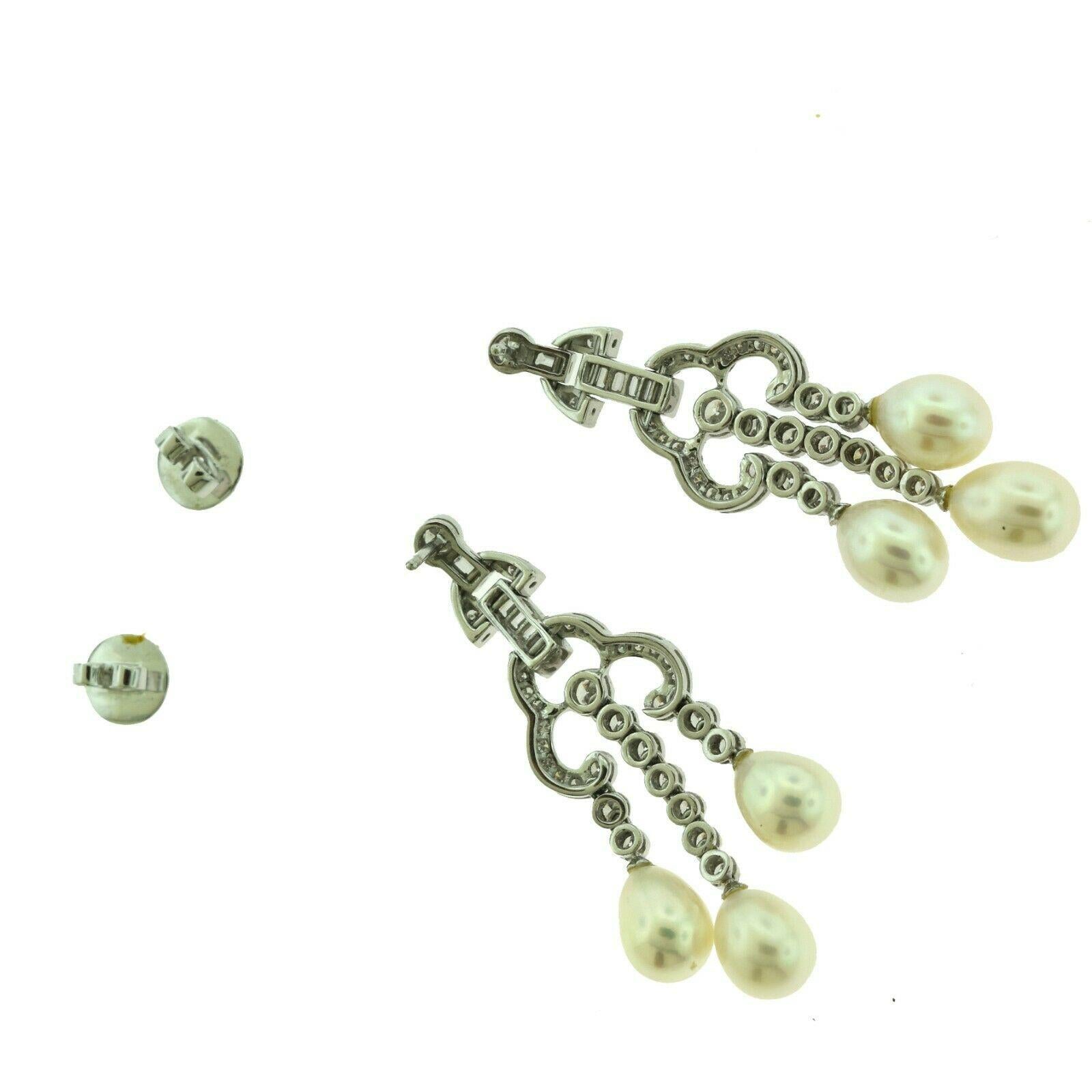 Modern Estate Victorian Diamond Drop Dangle Earrings in Platinum with Pearls