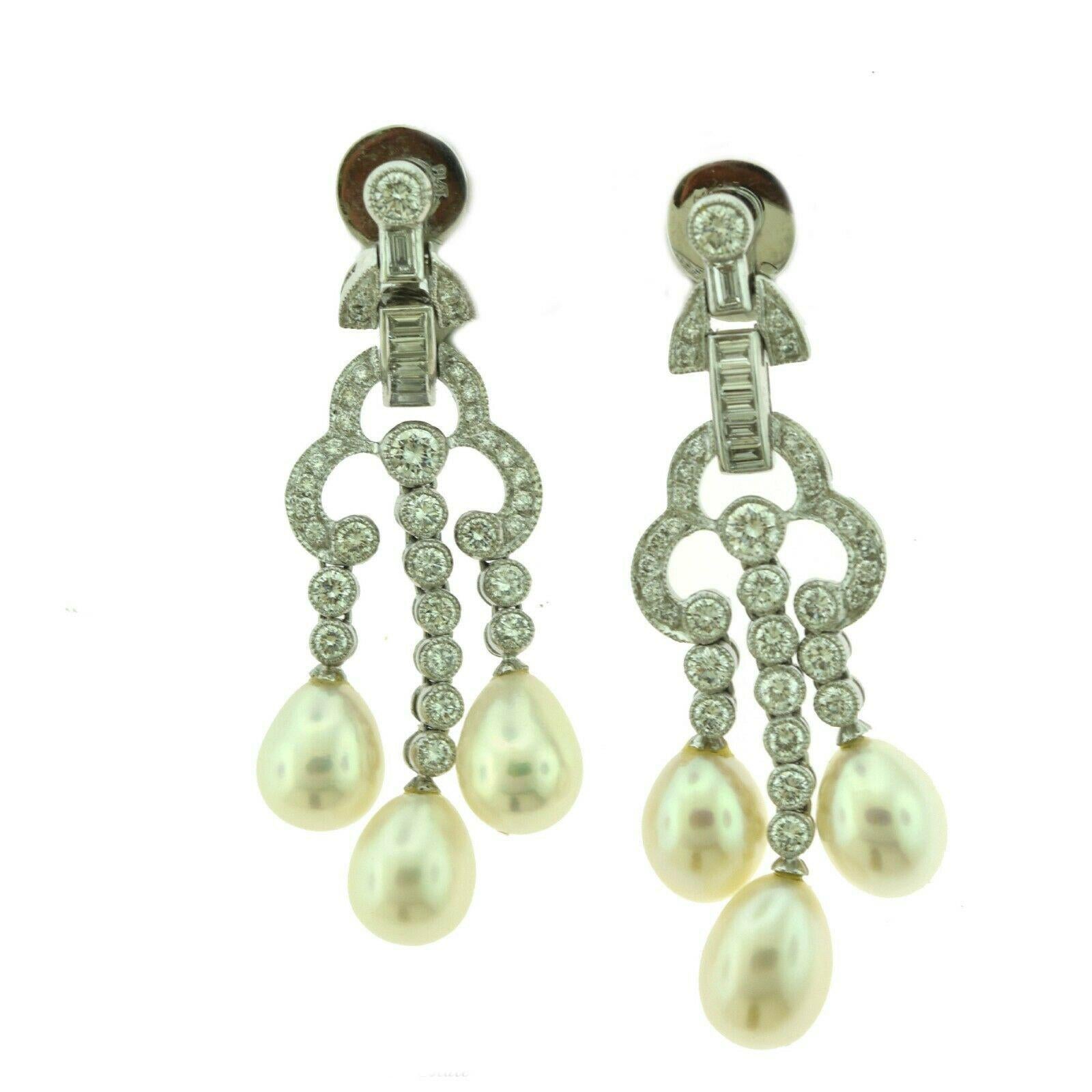 Round Cut Estate Victorian Diamond Drop Dangle Earrings in Platinum with Pearls