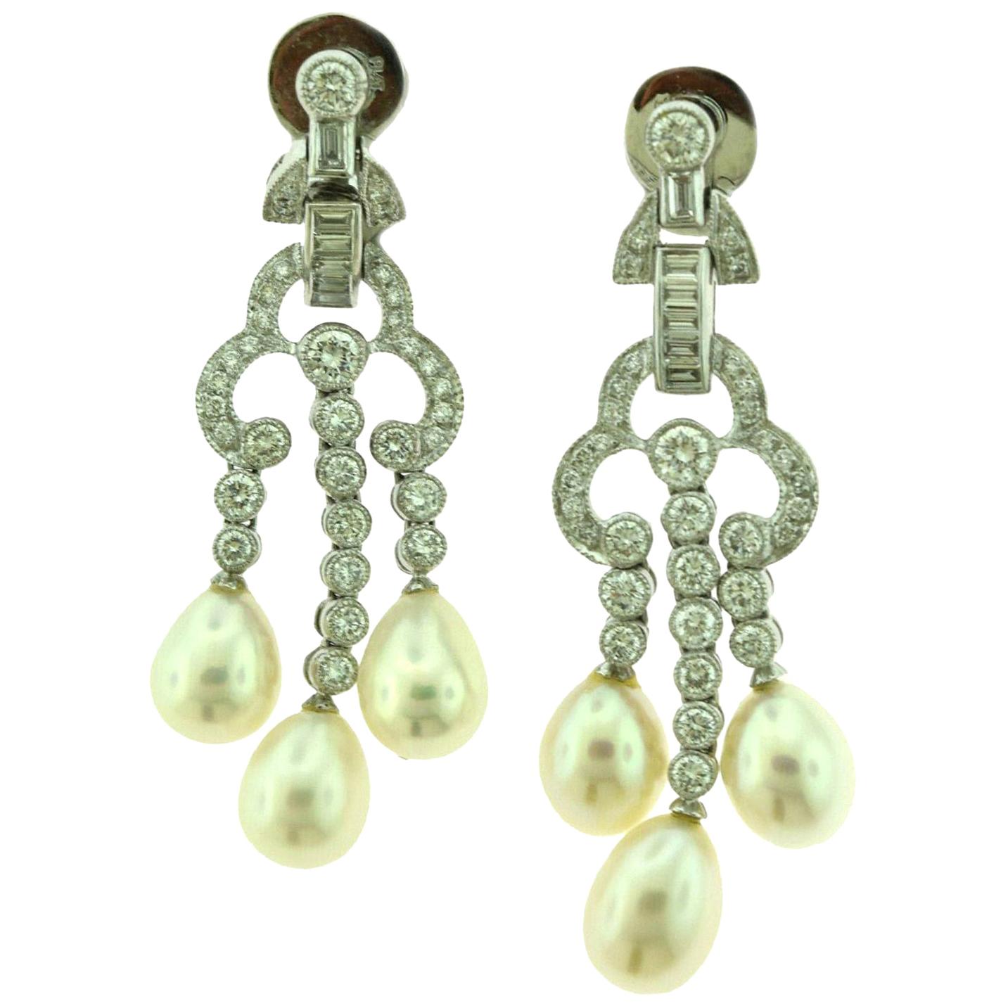 Estate Victorian Diamond Drop Dangle Earrings in Platinum with Pearls