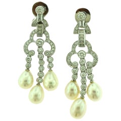 Retro Estate Victorian Diamond Drop Dangle Earrings in Platinum with Pearls
