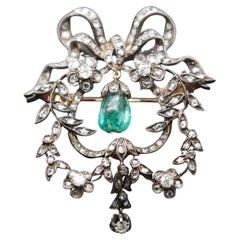 Estate Victorian Drop Emerald and Diamond Royal Brooch