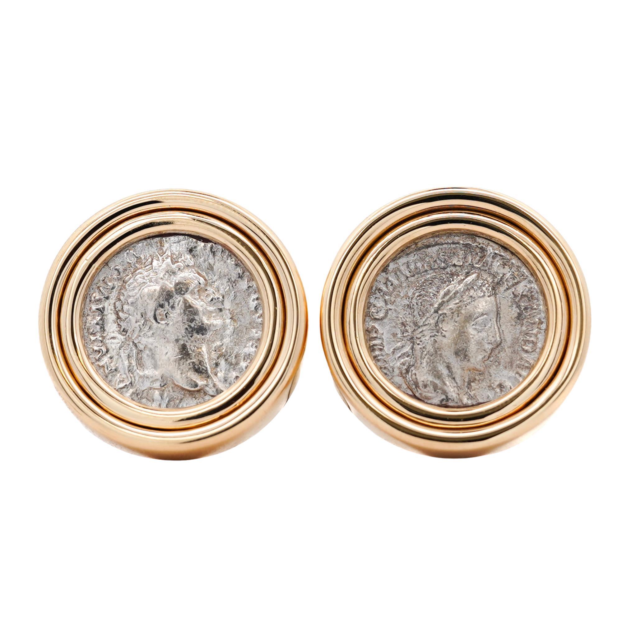 Women's Estate Victorian Elagabalus Denarius 18K Gold Antique Roman Coin Clip-On Earring For Sale