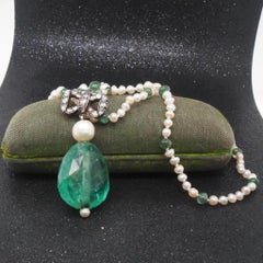 Estate Victorian GIA 30ct Colombian Emerald with Rose Cut Diamonds and Pearl