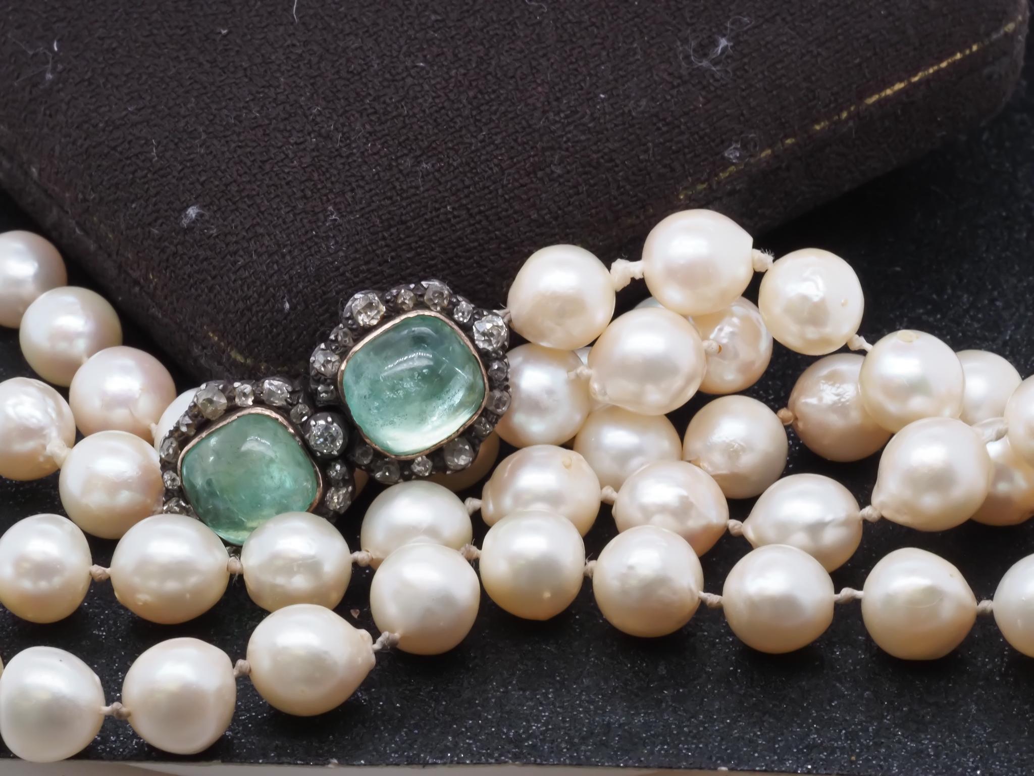 Vittoriano Smeraldo russo vittoriano di proprietà e diamanti Old Mine  Collana di perle con chiusura - in vendita
