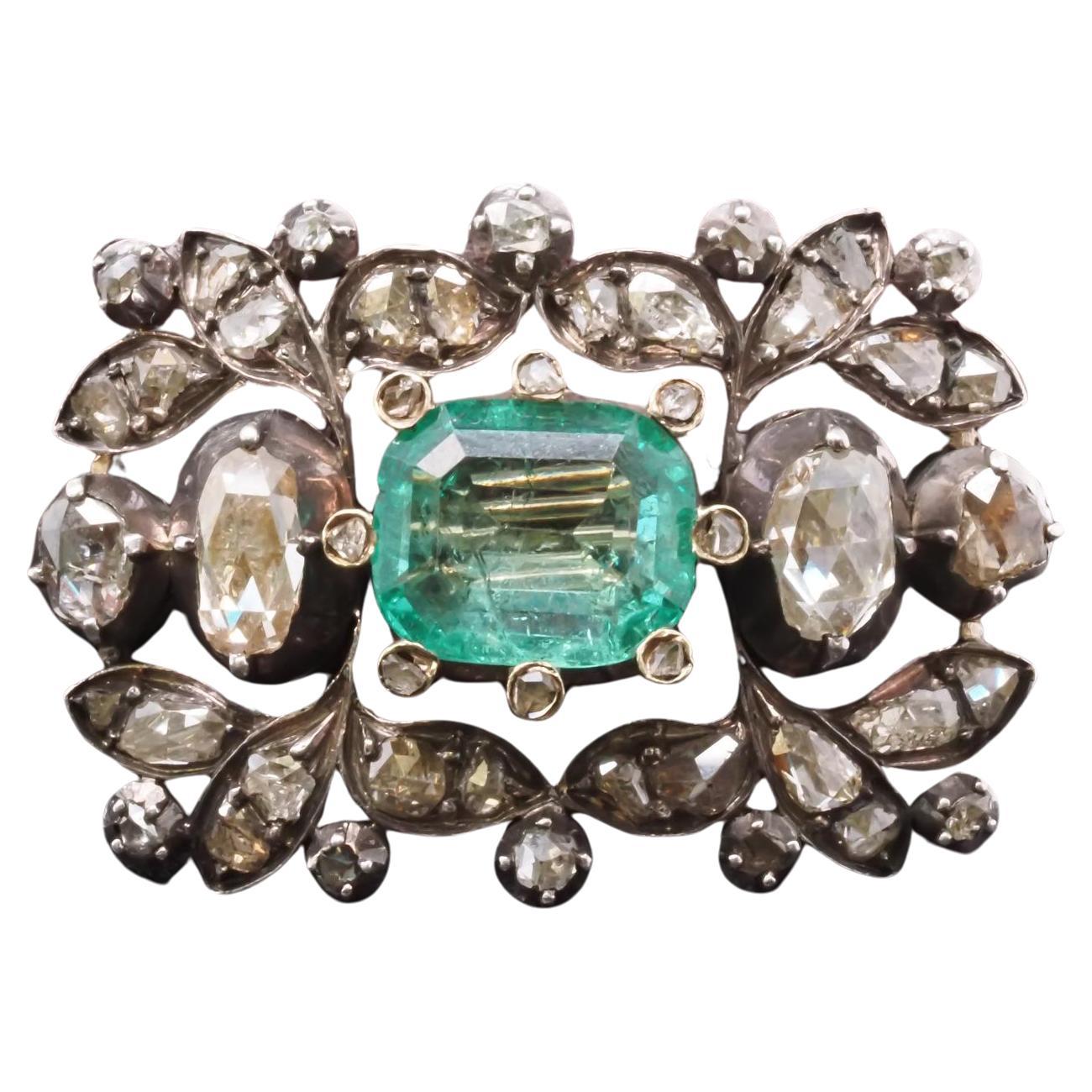 Estate Victorian Silver Top and Gold AGL 4ct Colombian Emerald Brooch - VHK#826b For Sale